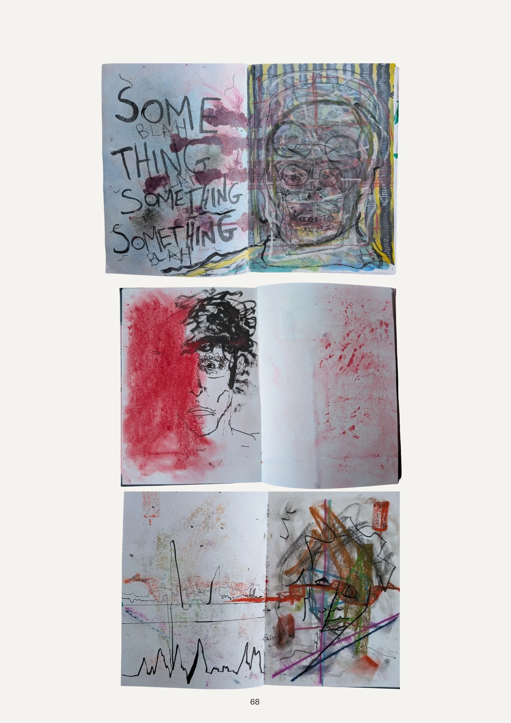 A collection of abstract and figurative drawings on sketchbook pages, including a skull and face sketches, colorful scribbles, and handwritten text that reads 'SOME BLAMING SOME THING SOME'.