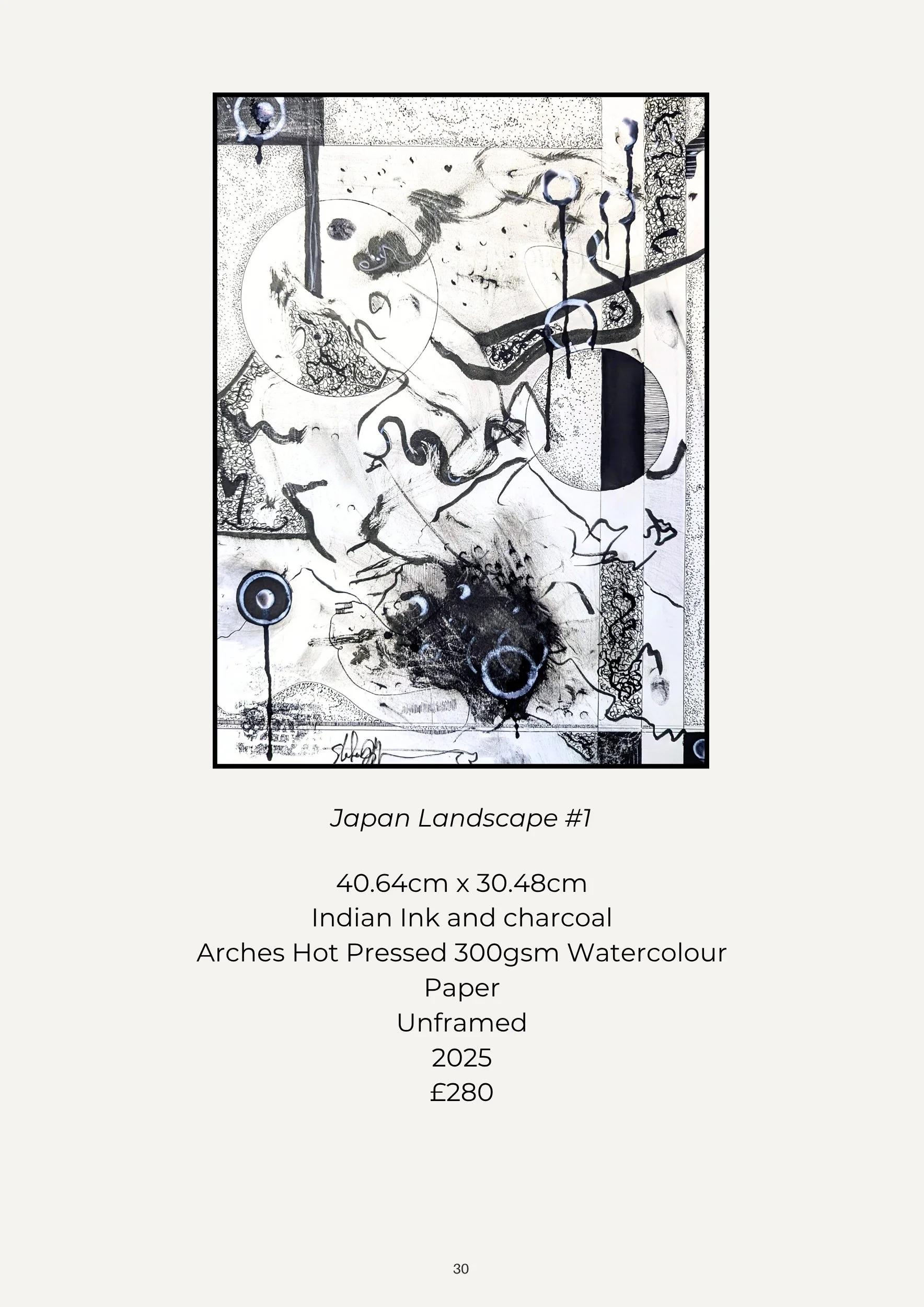 Black and white abstract watercolor art titled 'Japan Landscape #1' with ink and charcoal, featuring circular shapes, lines, and textures, created with Indian ink and charcoal. The artwork measures 40.64cm by 30.48cm, unframed, from 2025, priced at £