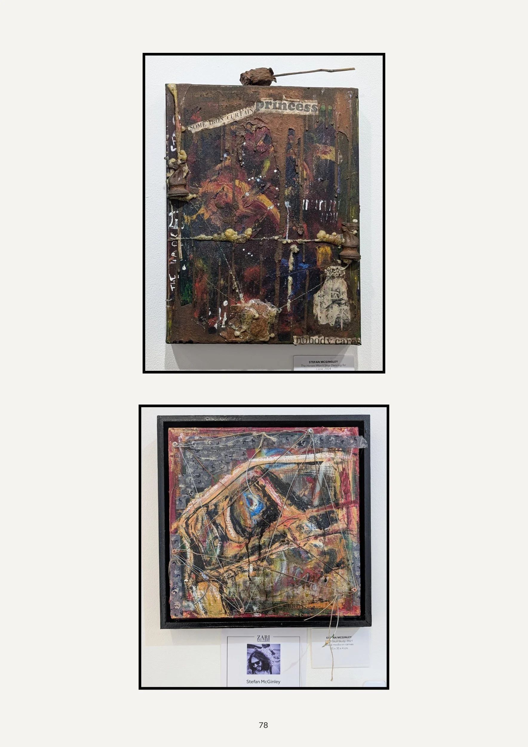 Abstract mixed media artwork with layers of paint, collage, string, and small objects, featuring chaotic patterns and vivid colors.
