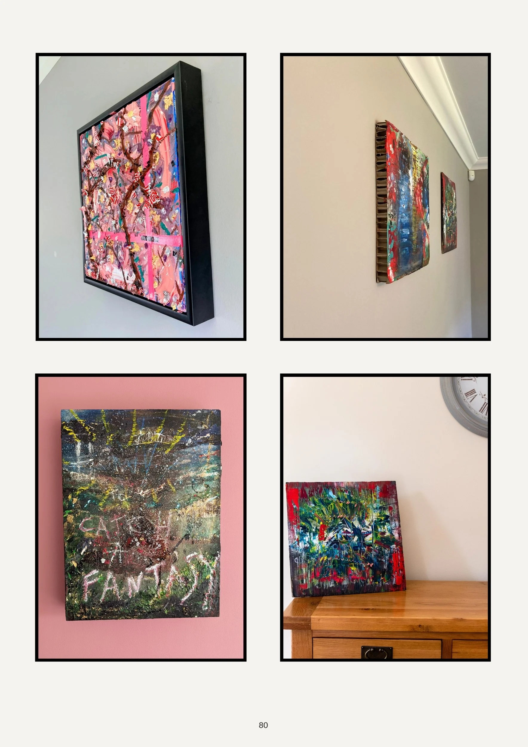 Four images of abstract paintings on walls and a table in an art gallery or home setting.