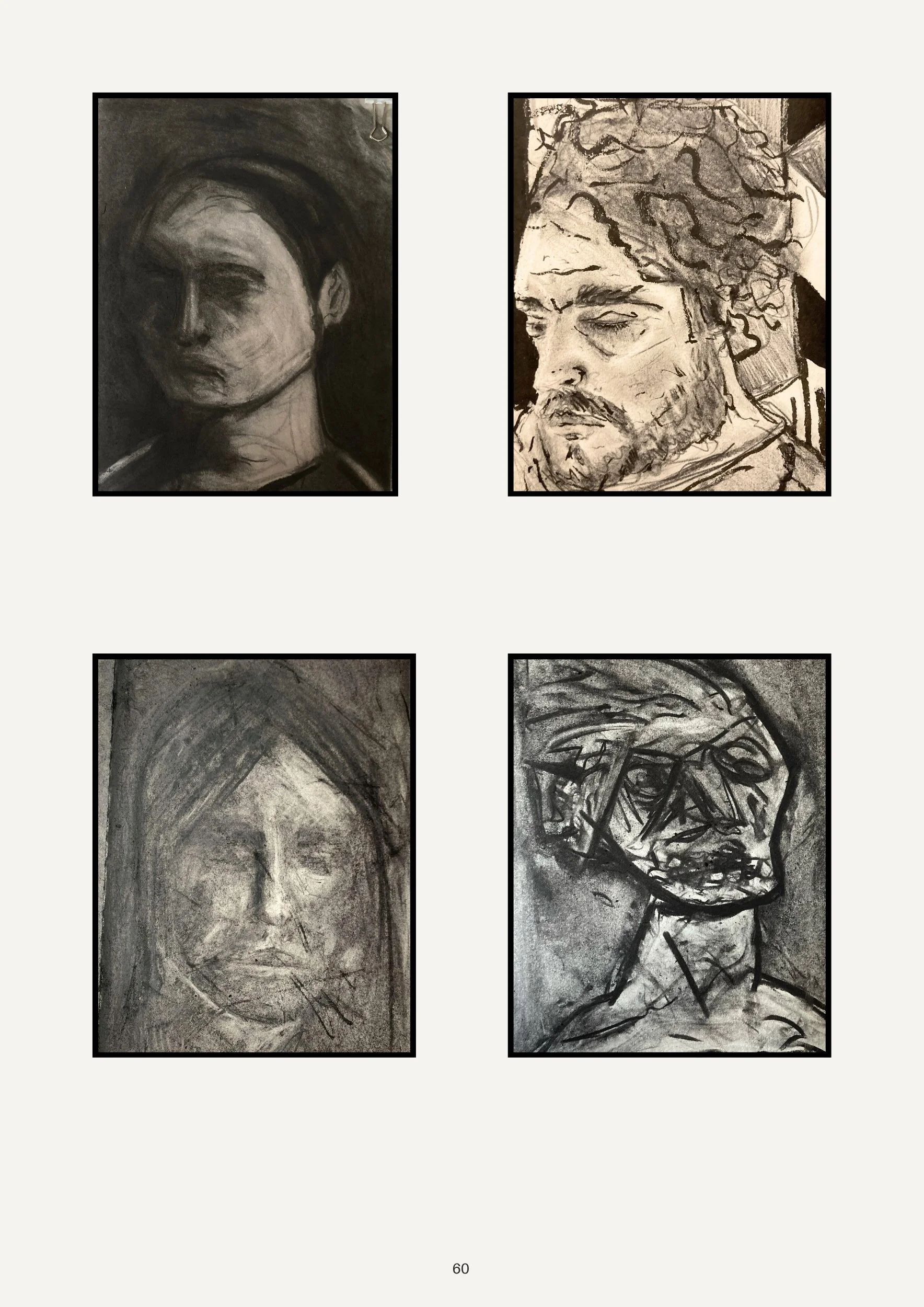 Four monochrome abstract sketches of faces or skulls, with various shading and line styles.