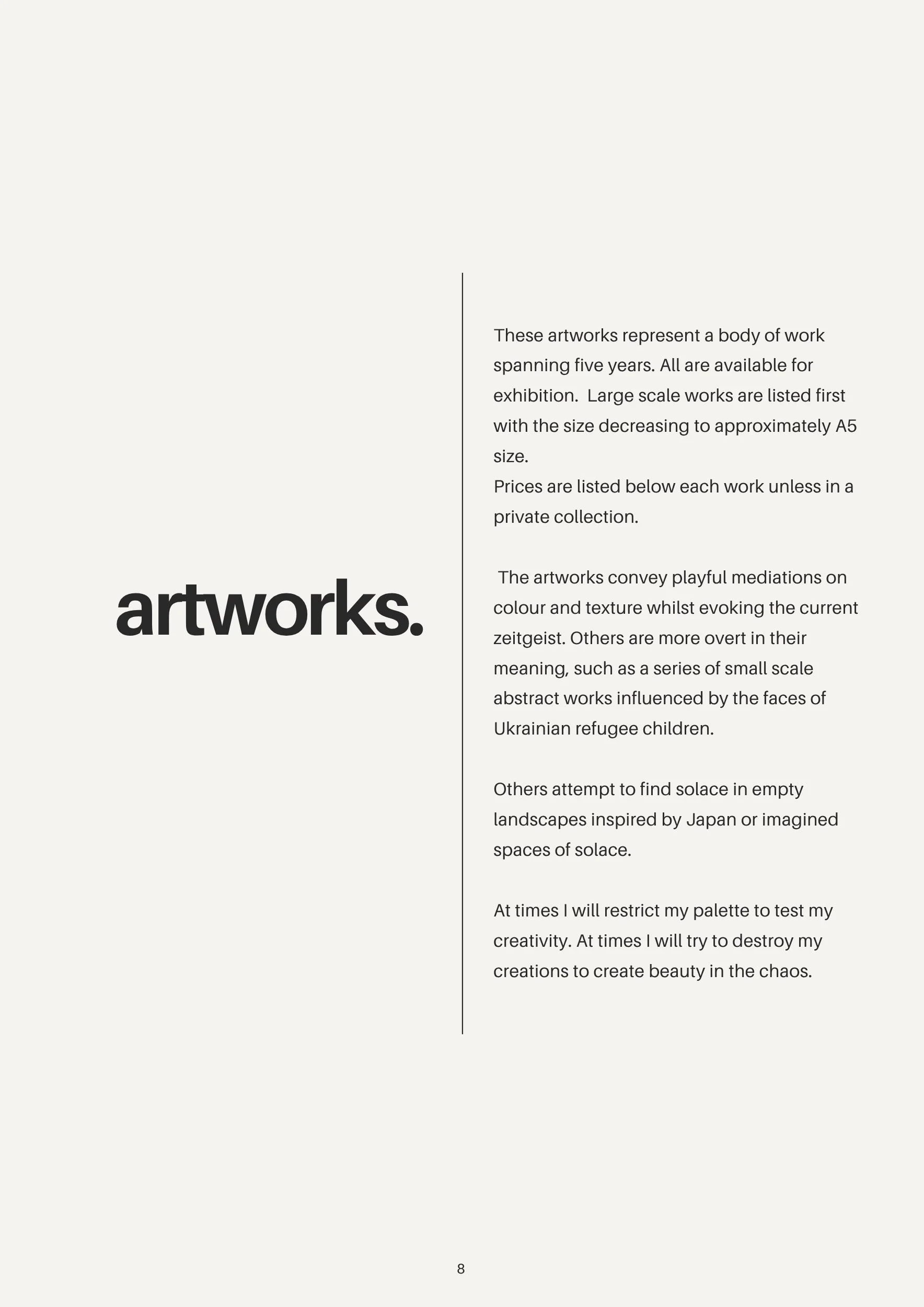 Page from a document with the word 'artworks.' in large bold lowercase font at the bottom left, and a column of text on the right discussing artworks, their meanings, and artistic expression.