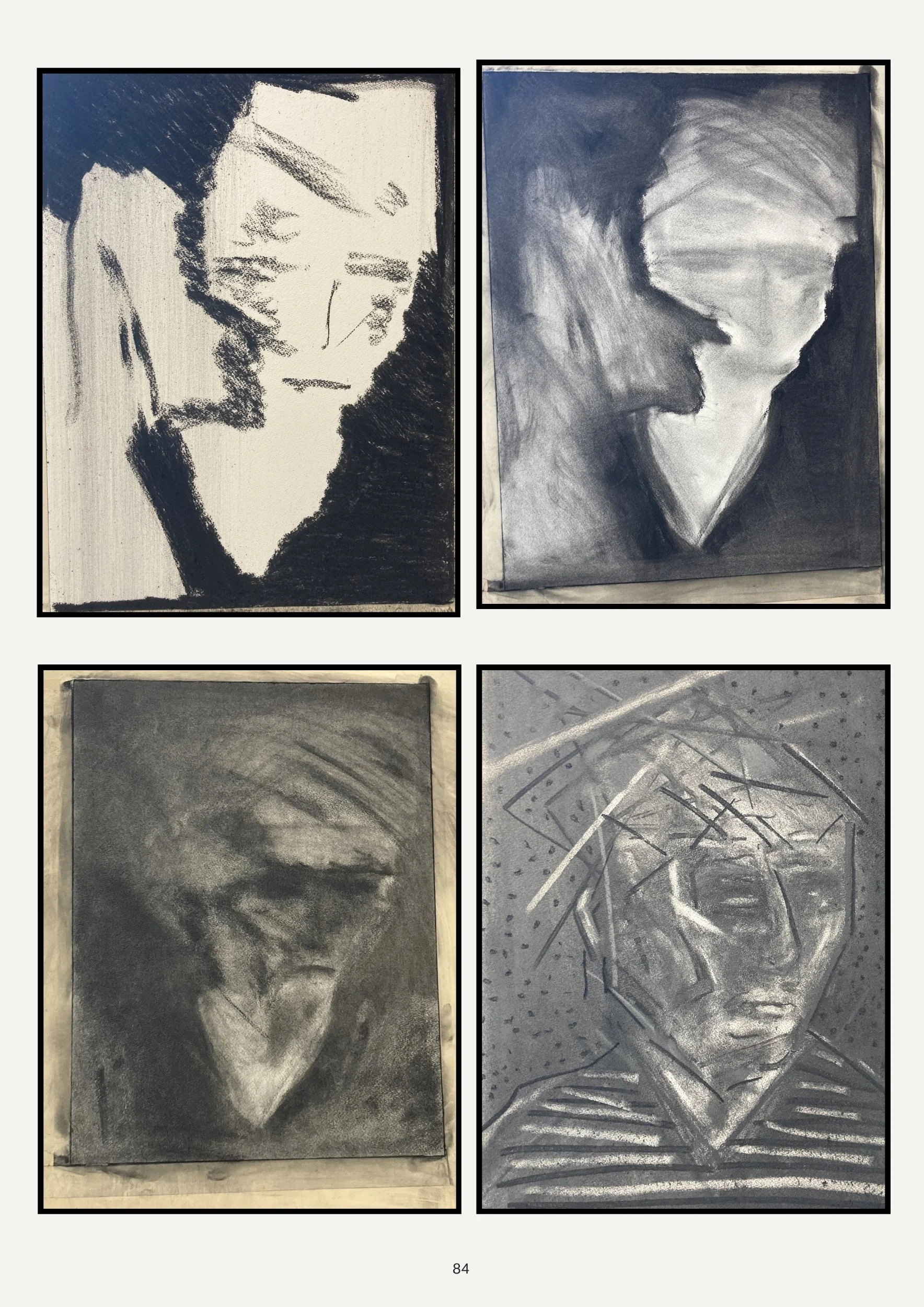 Set of black and white charcoal or pencil sketches of various subjects, including a person's face and abstract designs.