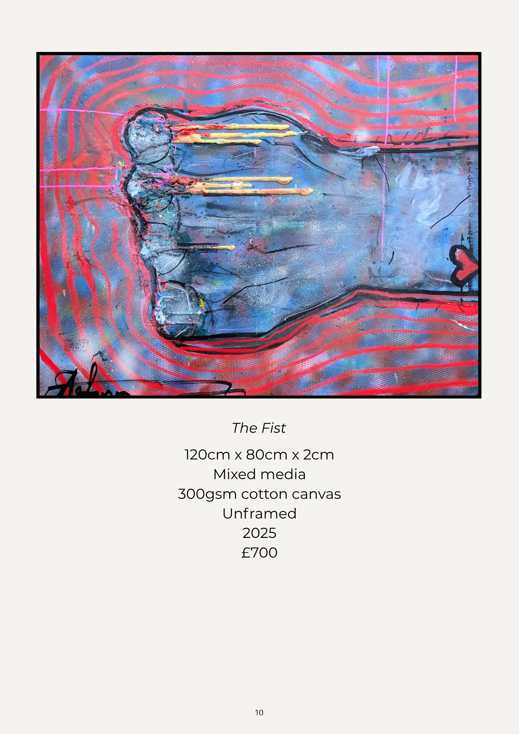 A mixed media art piece titled 'The Fist' featuring a stylized fist painted on a canvas with red, blue, and black colors, and a heart symbol in the bottom right corner.