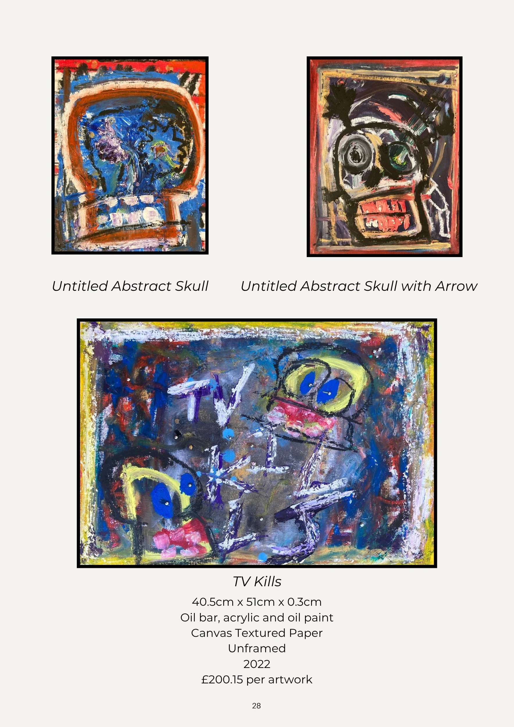 Two abstract skull paintings with colorful, expressive brushstrokes. The left skull is titled 'Untitled Abstract Skull' and the right skull is titled 'Untitled Abstract Skull with Arrow.' The paintings are surrounded by summary information about the 