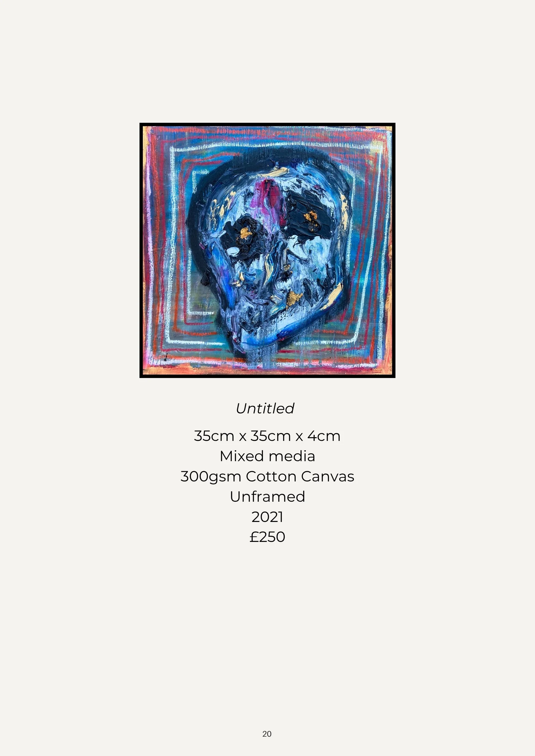 An abstract mixed media painting of a human skull on a multicolored background with a textured painterly style.
