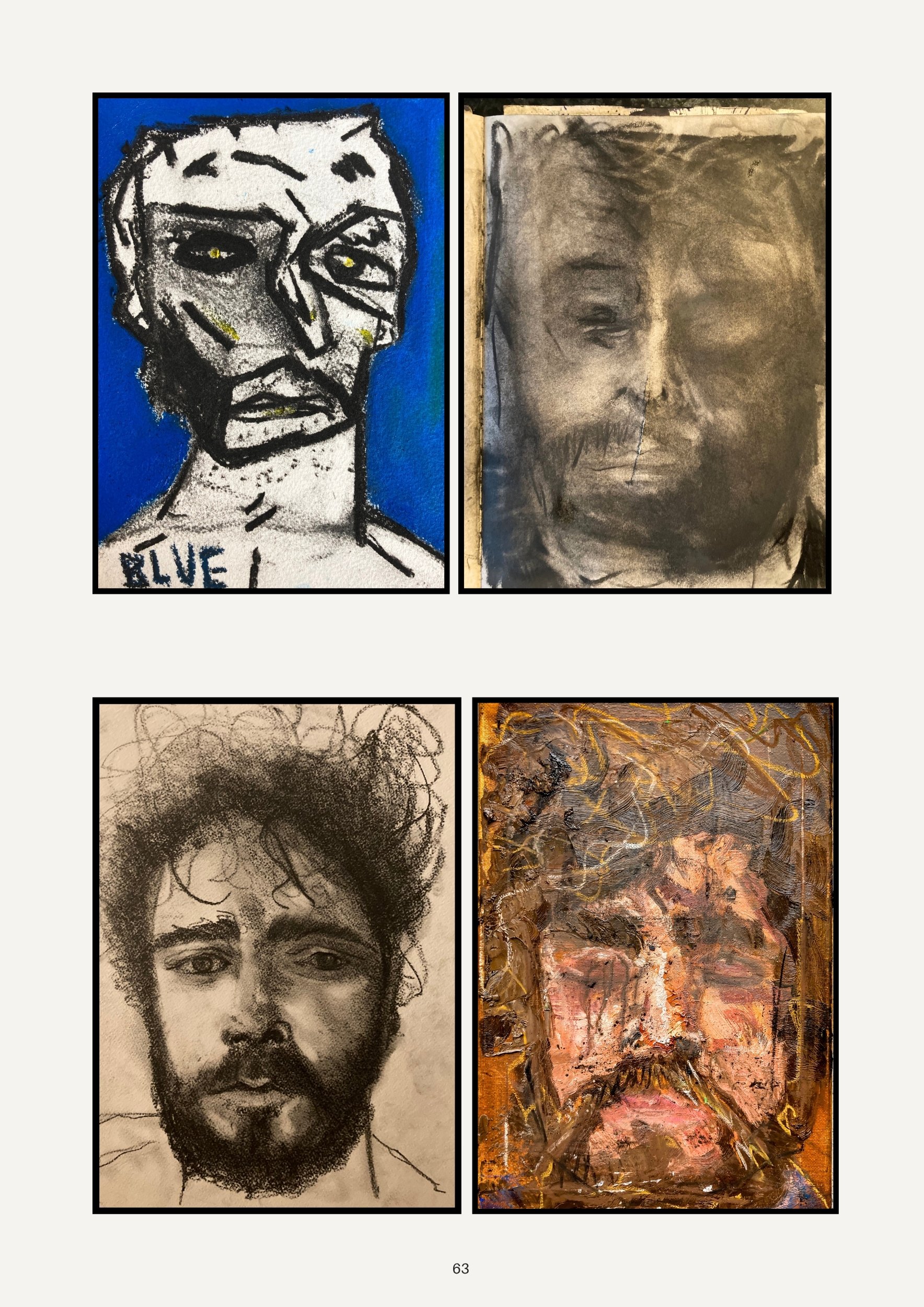 Four pieces of artwork: top left is an abstract portrait of a man with a blue background, with the word 'BLUE' written below; top right is a realistic charcoal portrait of a man with a mustache; bottom left is a black and white sketch of a man with c