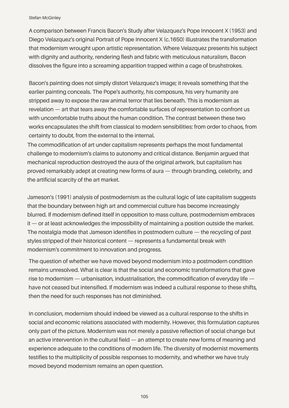 Page of a scholarly article discussing modernism, postmodernism, and their cultural and artistic implications. Contains text and a header with the author's name, Stefan McGinley.