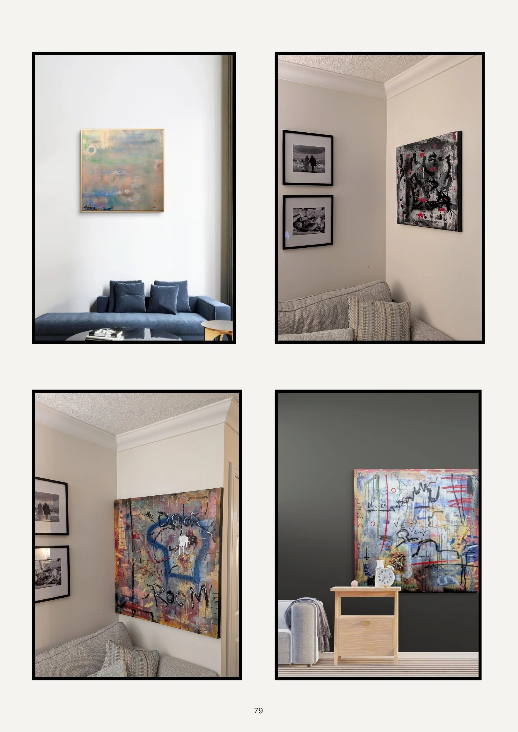 Four interior home decor images: top left shows a white wall with abstract painting above a blue sofa with cushions; top right features a beige wall with framed black and white photos and a third abstract painting; bottom left displays a corner with 