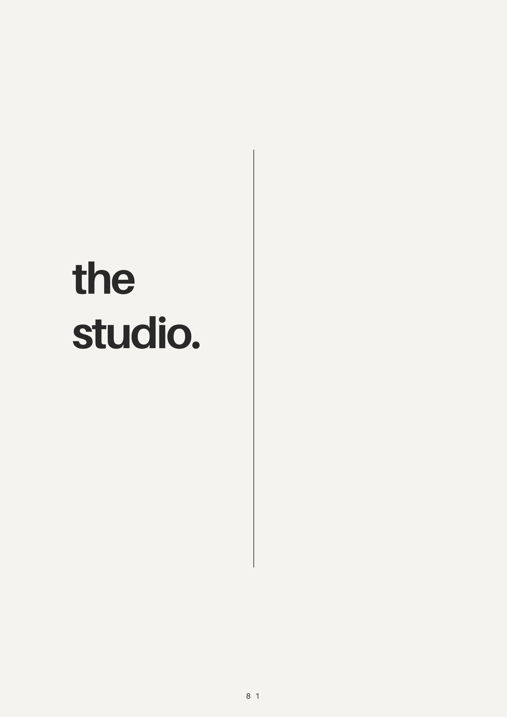 White background with the bold black text 'the studio.' on the left side, and the number combination '8 1' at the bottom center.