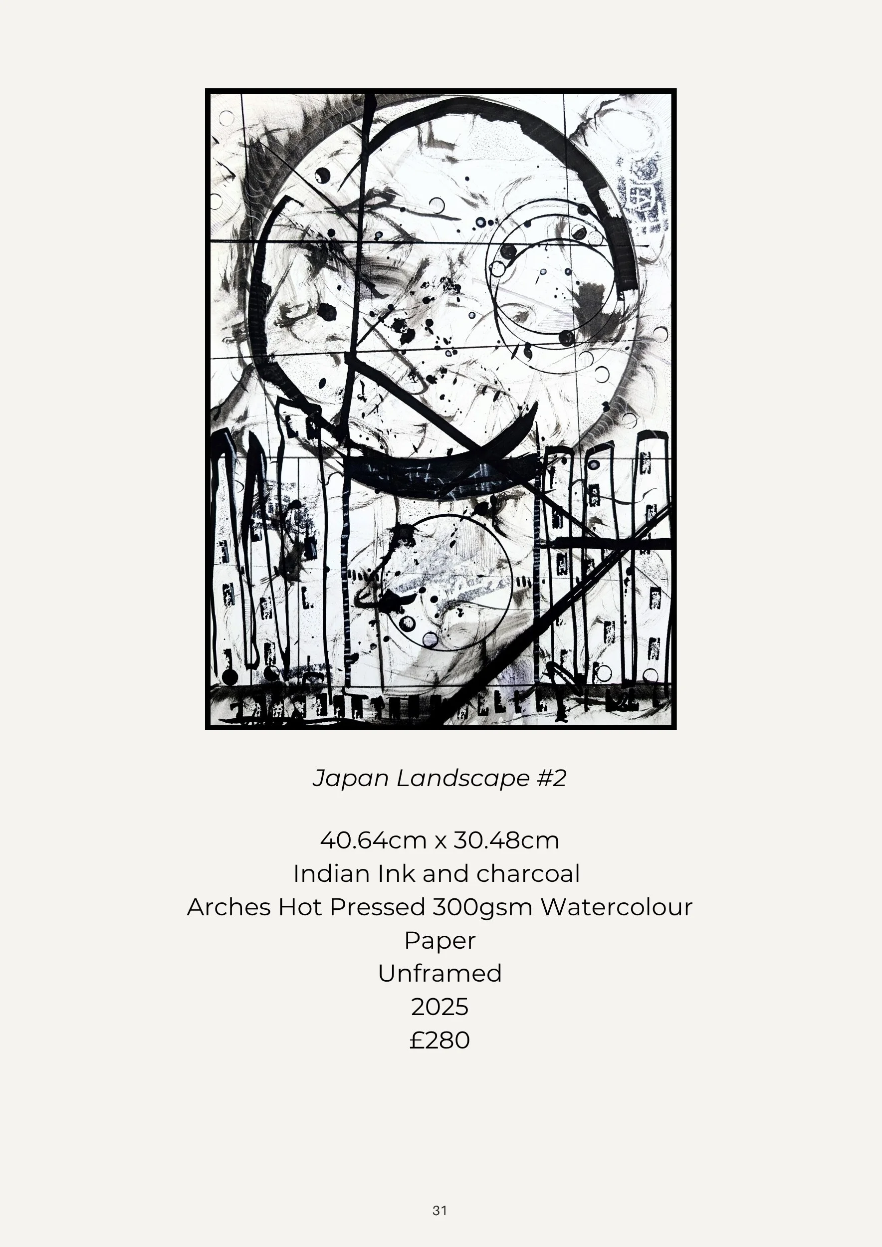 Abstract black and white watercolor artwork titled "Japan Landscape #2," measuring 40.64cm by 30.48cm, created with Indian ink and charcoal on hot pressed 300gsm watercolor paper, featuring splatters, lines, and overlapping circular shapes.