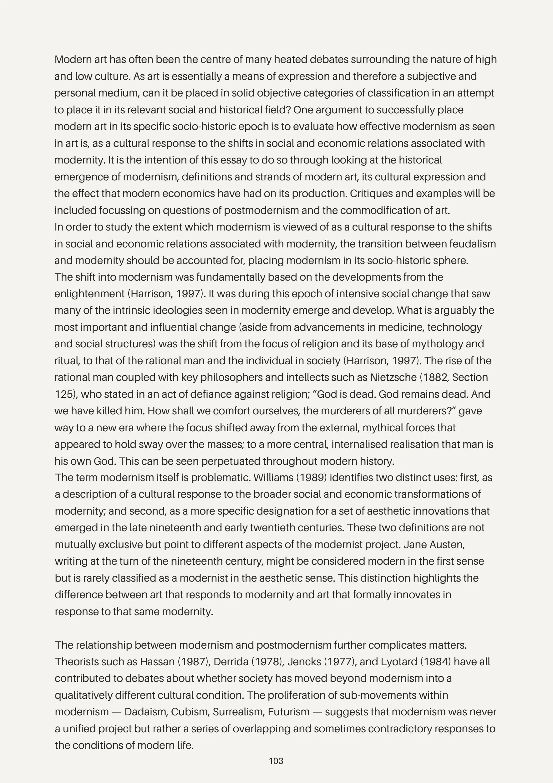 Page of a text discussing modern art, modernism, postmodernism, and related cultural and social changes, with references to historical figures and philosophical concepts.
