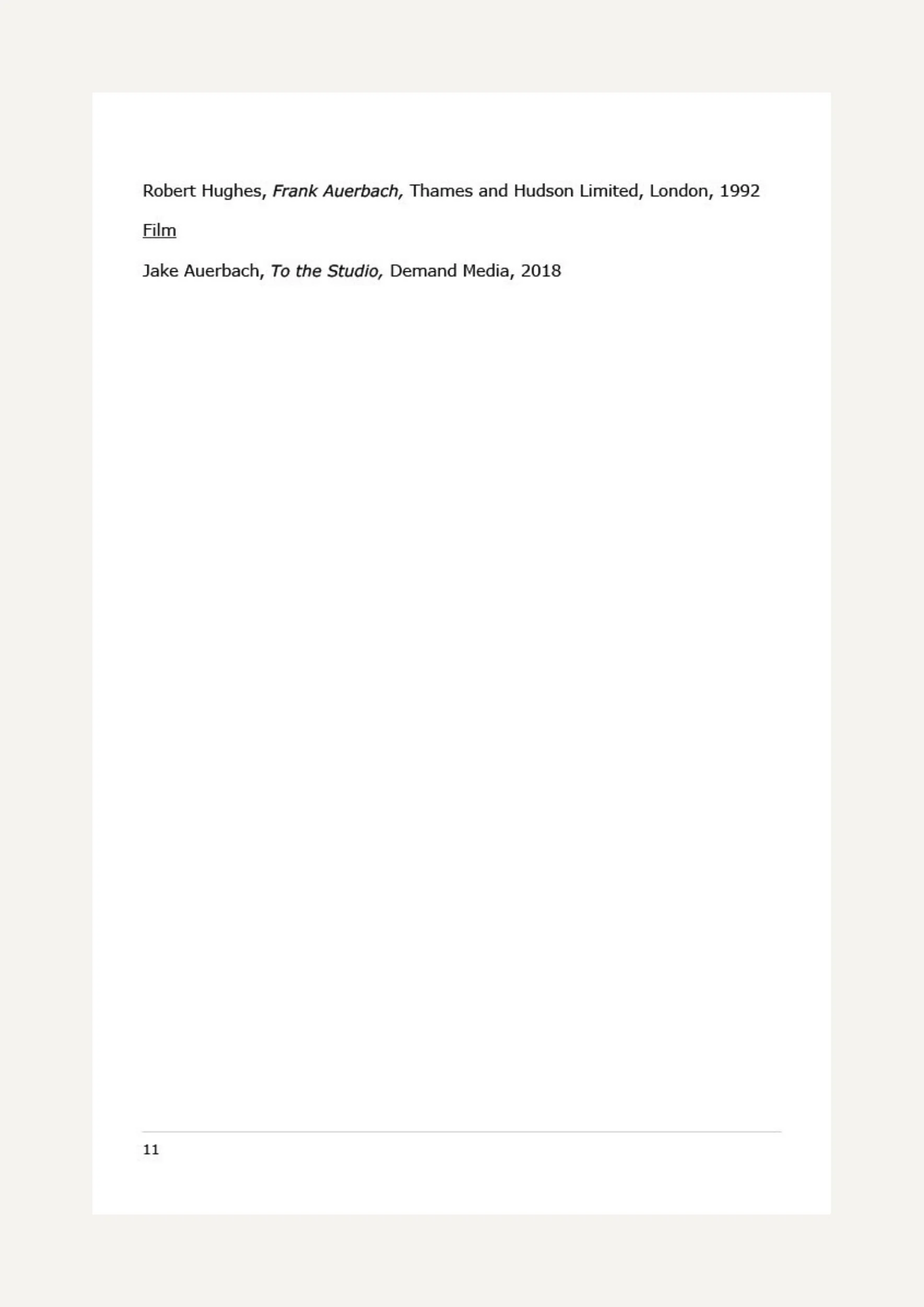 Page from a book showing references to works by Robert Hughes and Jake Auerbach, including titles and publication details, with page number 11 at the bottom.