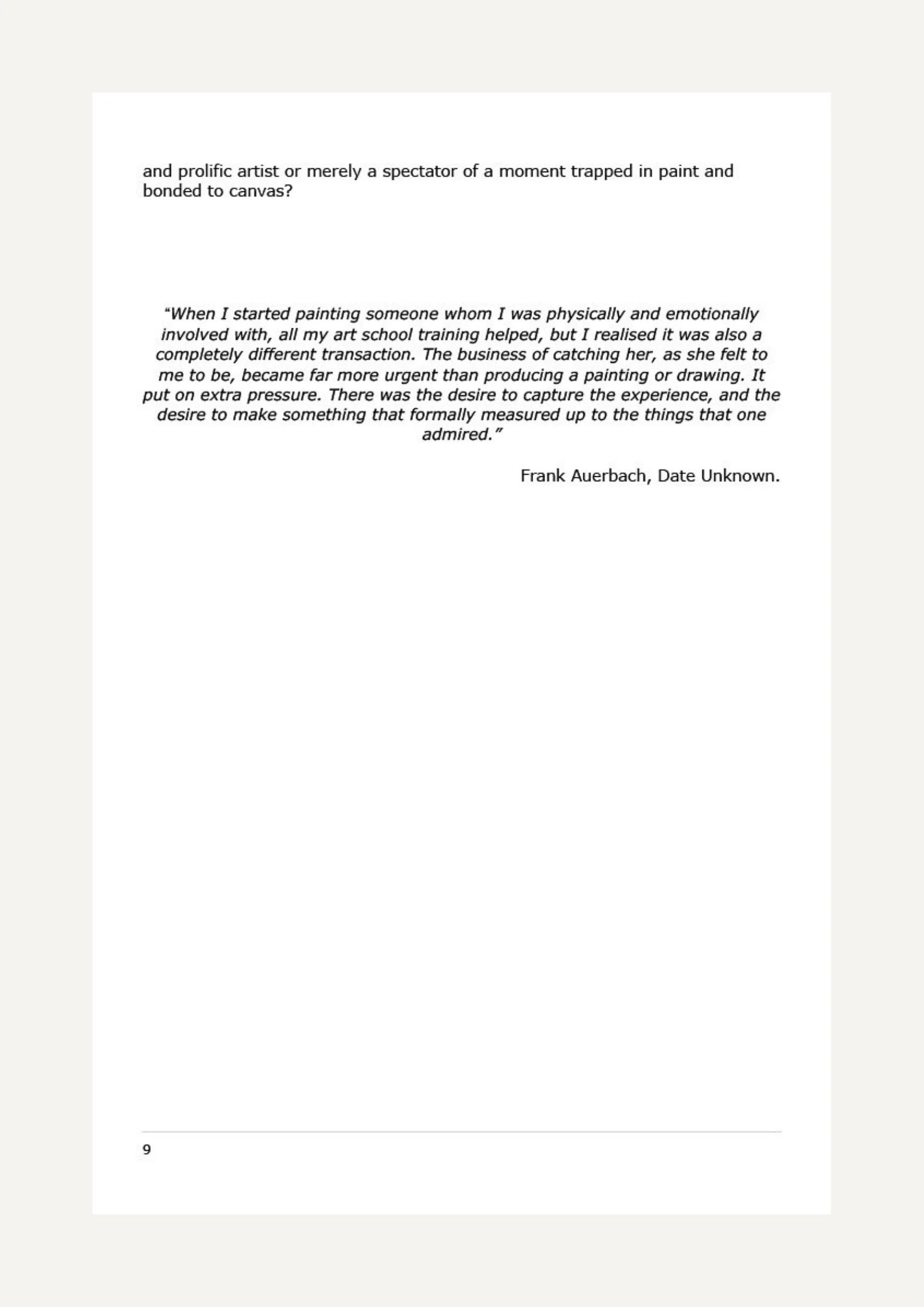 A page from a book or document with text and a quote by Frank Auerbach, dated unknown, on a white background with a page number 9 at the bottom.