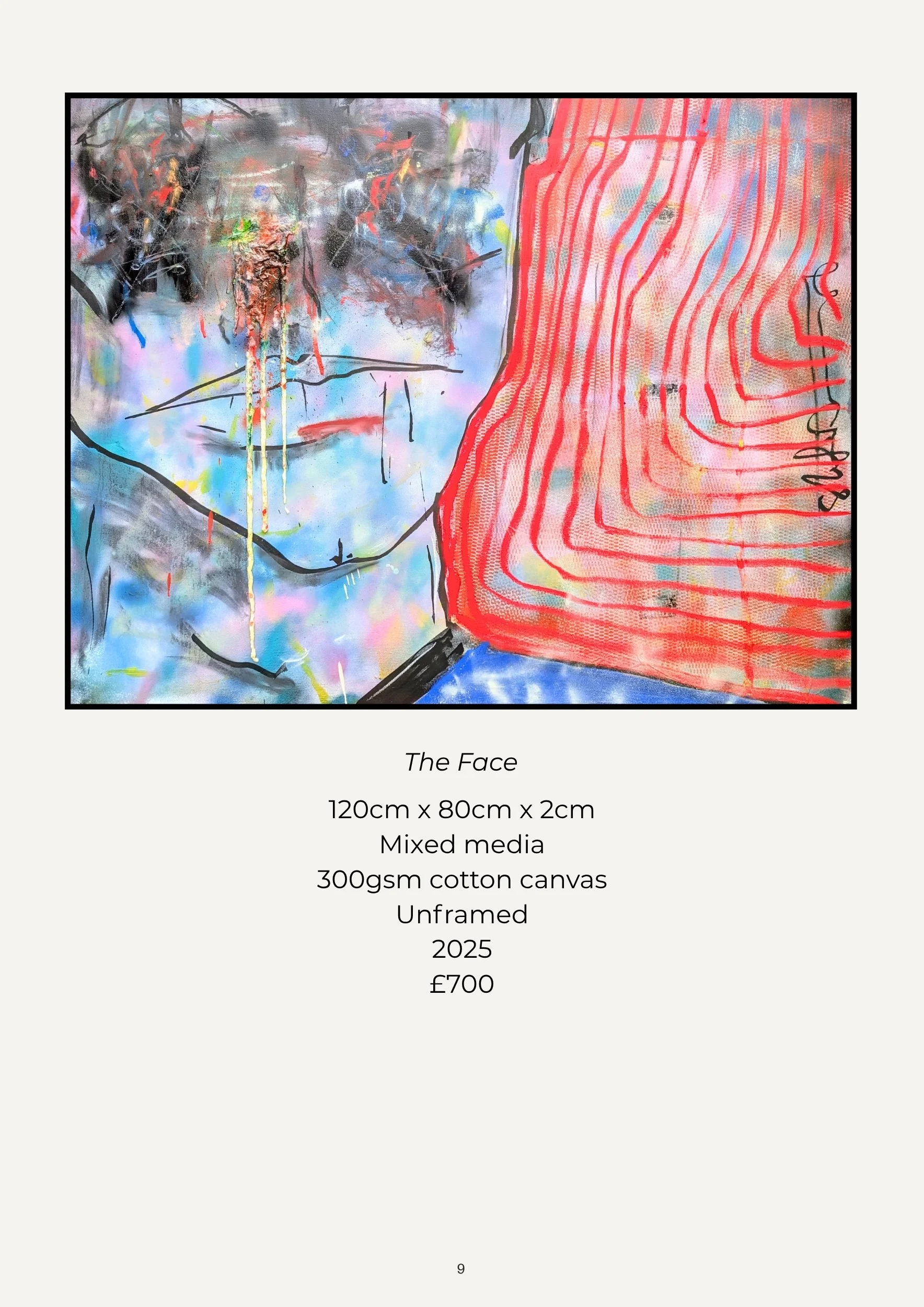A colorful, abstract artwork depicting a human face with chaotic lines, smudges, and paint splatters, divided by a red, textured strip resembling hair or fur on the right side.