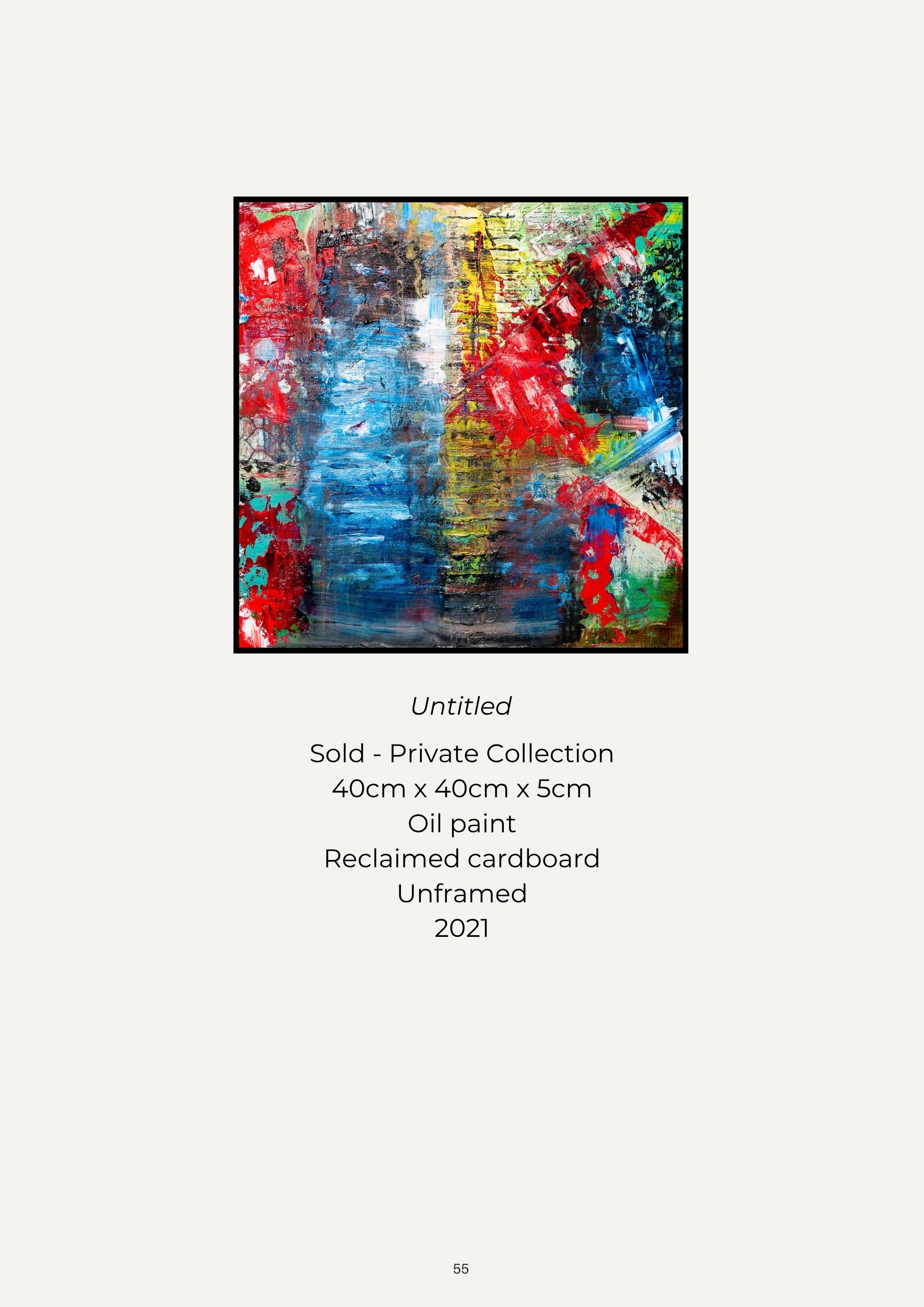 An abstract painting with vibrant red, blue, yellow, green, and black colors, created with oil paint on reclaimed cardboard, unframed, titled 'Untitled,' from 2021.