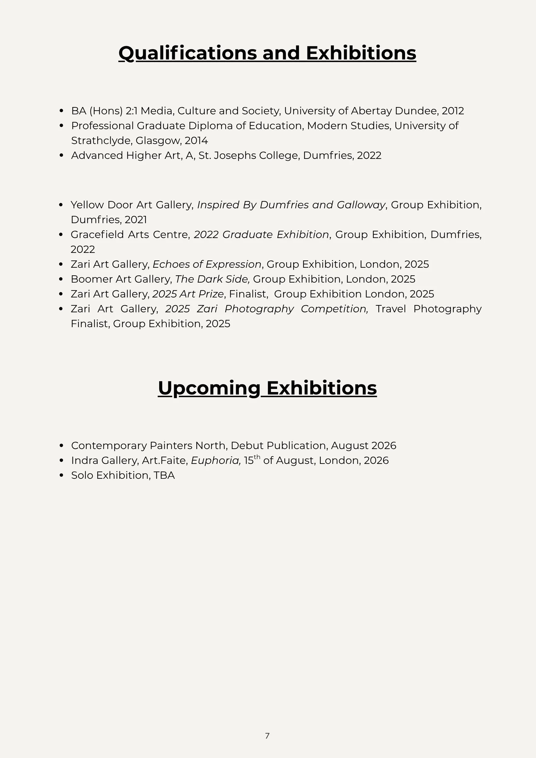 A document page listing qualifications, exhibitions, and upcoming exhibitions for an art-related presentation or portfolio. The page includes details of educational background, group and solo exhibitions, and future art shows scheduled for 2026.