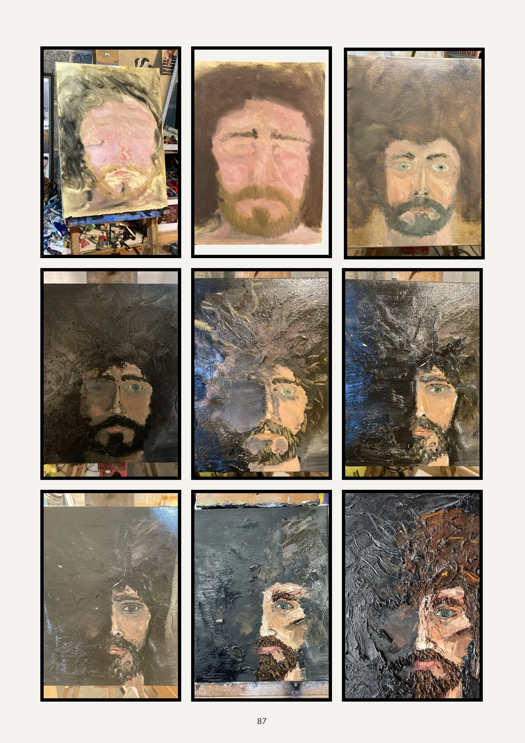 Series of nine paintings featuring portraits of famous musicians, including Jesus, Kurt Cobain, Freddie Mercury, Kurt Cobain again, Freddie Mercury again, Kurt Cobain once more, Jimi Hendrix, Freddie Mercury, and Kurt Cobain in textured dark backgrou