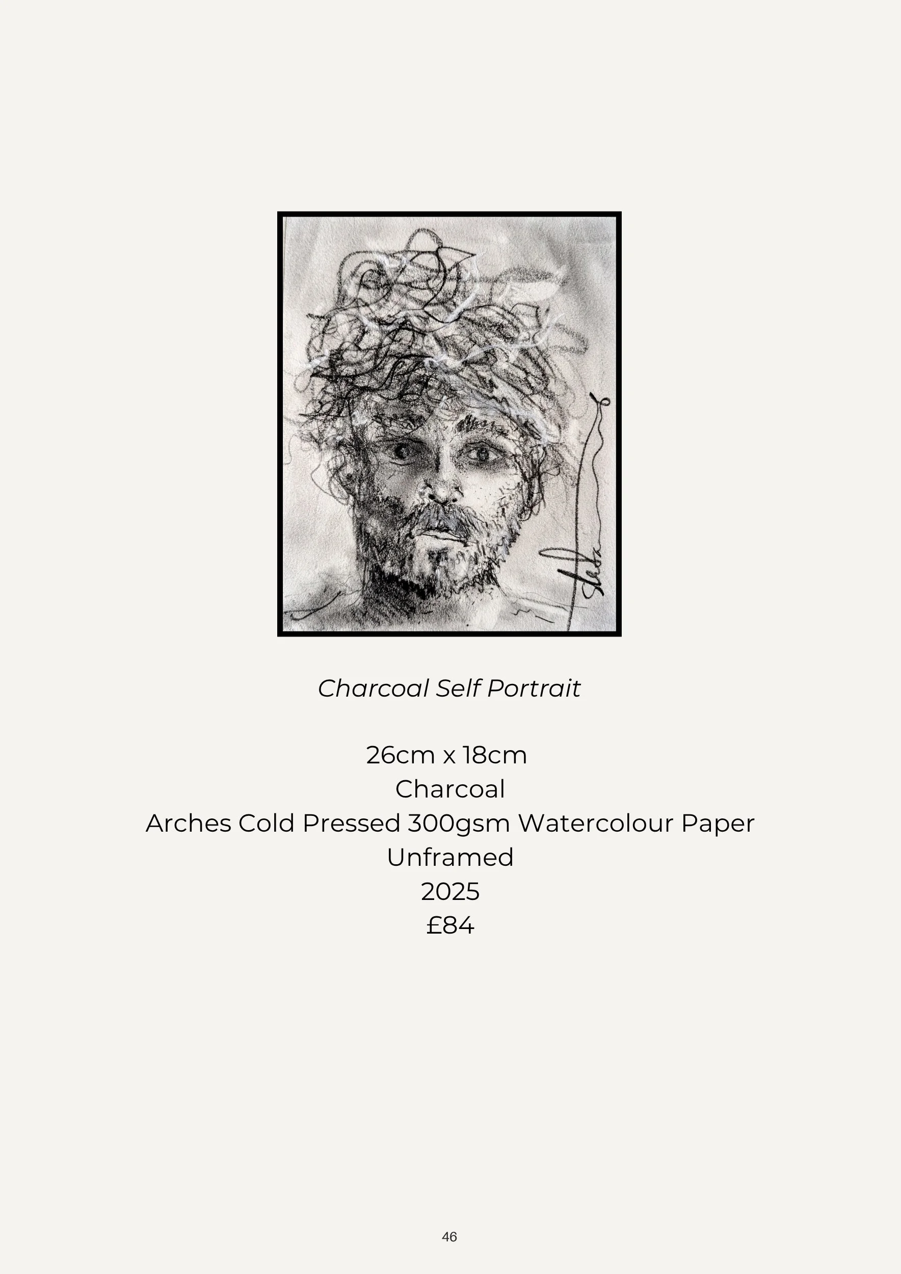 A sketch of a man's face, with curly hair and a beard, with scribbles on top of his head resembling hair or a hat. The image is part of a watercolor art titled 'Charcoal Self Portrait', created with black charcoal on watercolor paper, measuring 26cm 