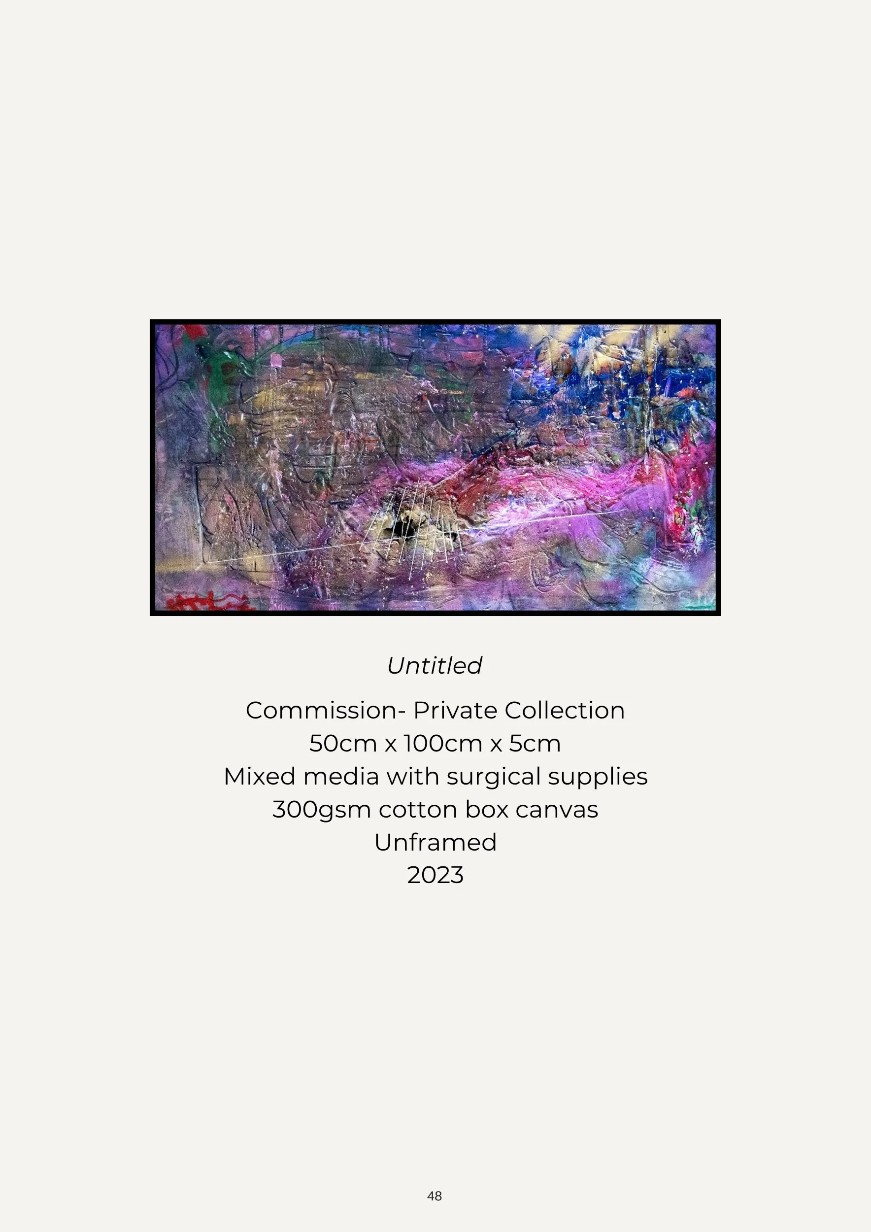 Abstract mixed media artwork with textured, colorful strokes, including purples, pinks, blues, greens, and brown, on a horizontal canvas.