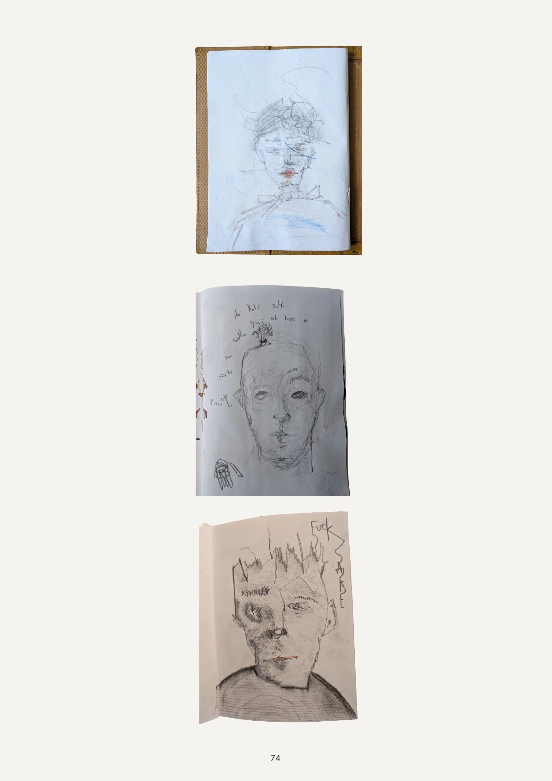 A collection of four sketches of faces and a person, with one showing a woman with curly hair, another portrait of a person with short hair, one with a person wearing glasses, and a final sketch of a person's face with detailed shading.