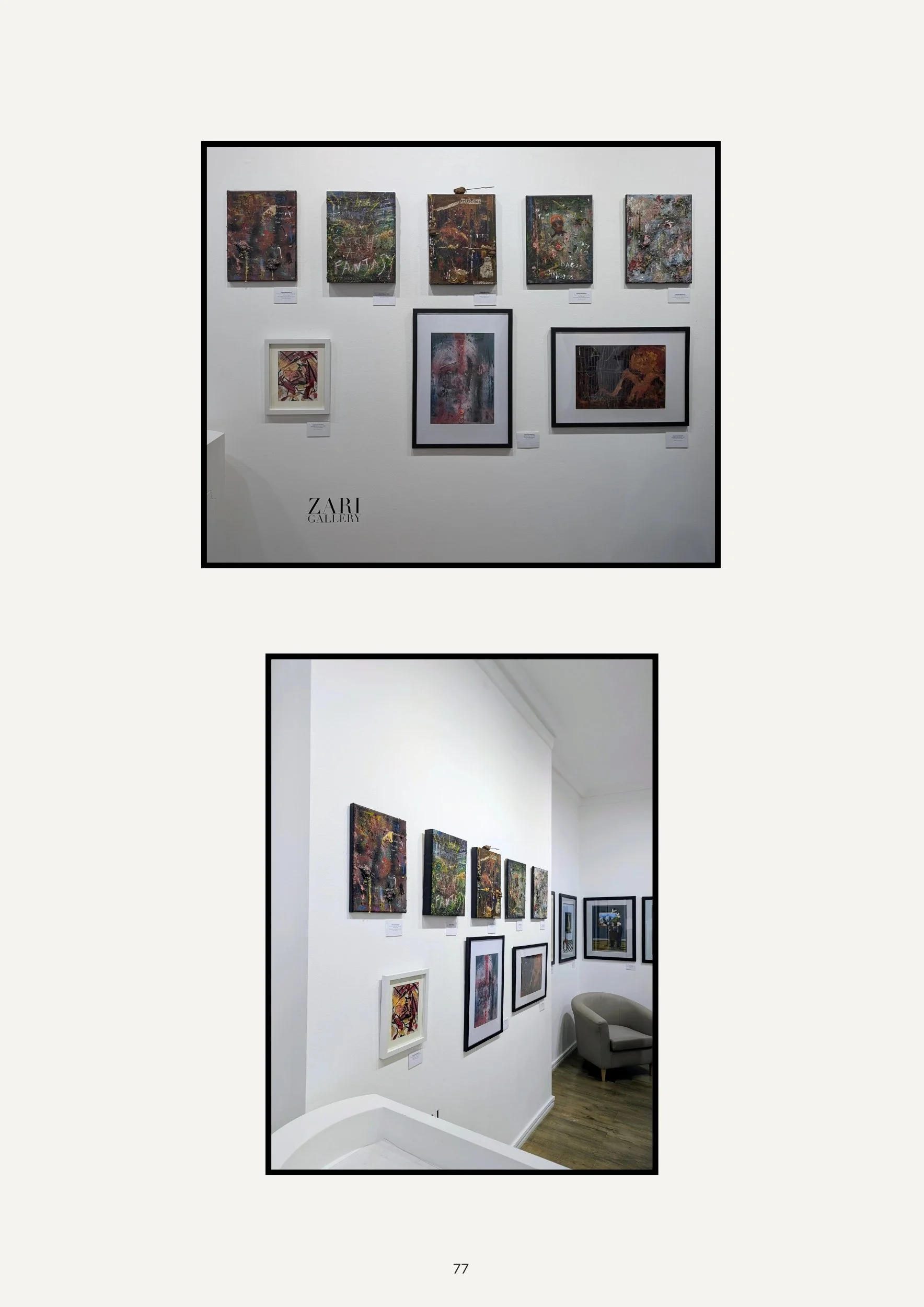 Photo of an art gallery with multiple abstract paintings on white walls, framed artworks, and a chair in the corner, with a sign indicating 'ZARI GALLERY'.