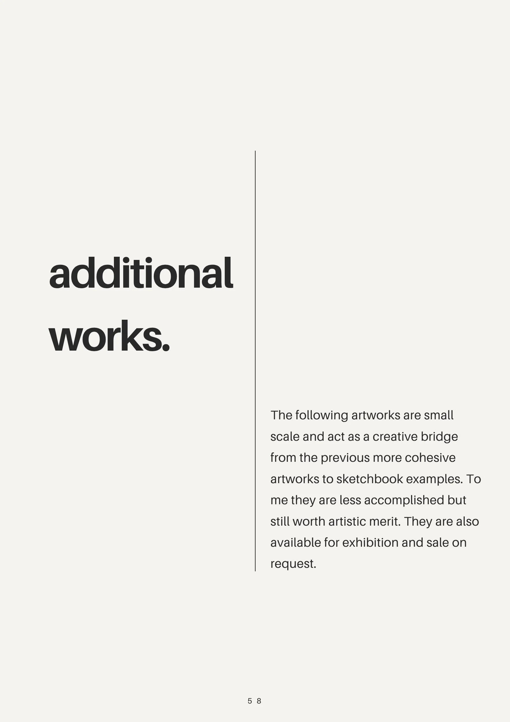 Page with large black text reading 'additional works.' on the left and smaller text on the right discussing creative bridge artworks for sketchbook examples.