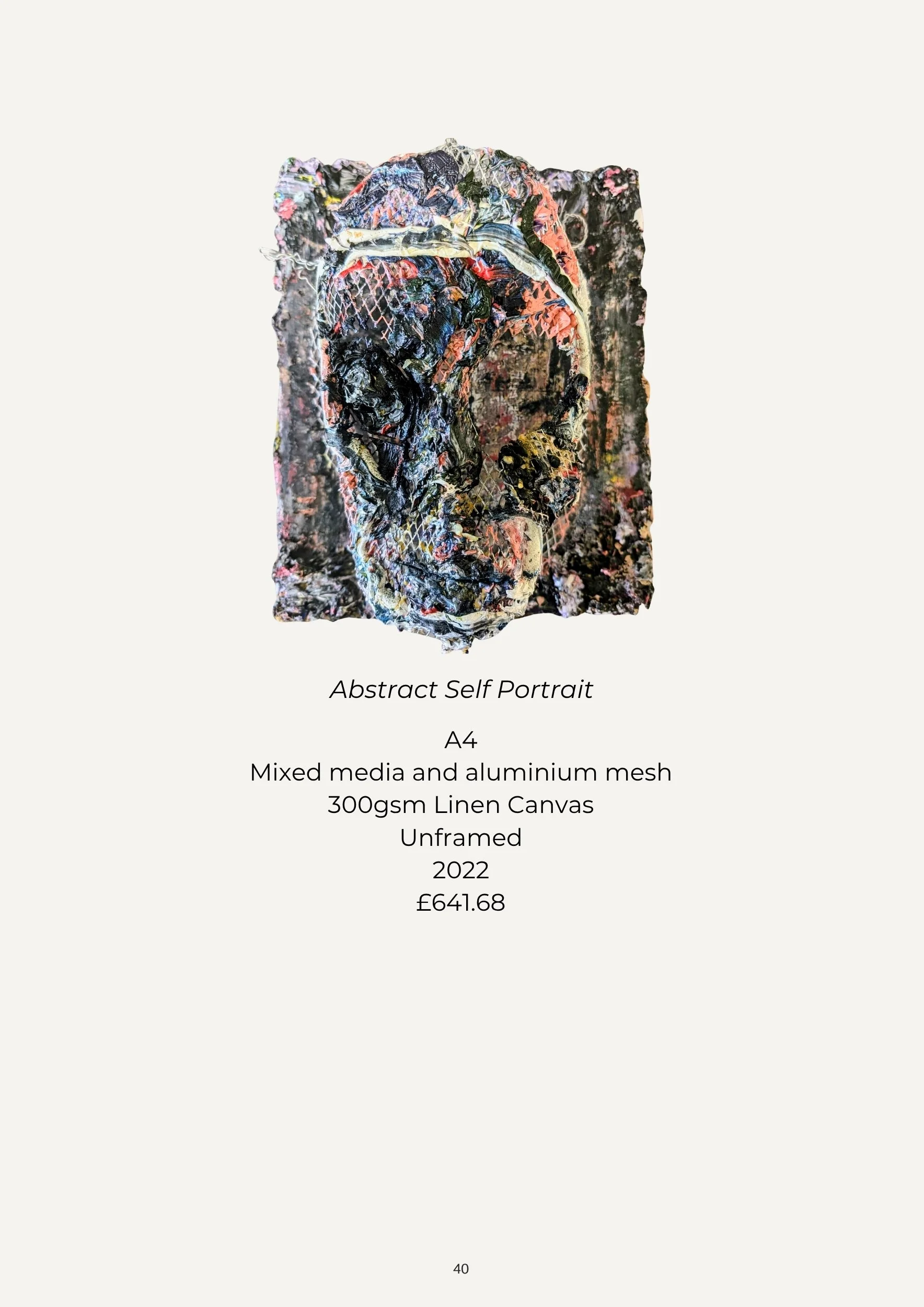 Abstract self-portrait artwork created with mixed media and aluminum mesh on linen canvas, unframed, from 2022, priced at 641.68 British pounds.