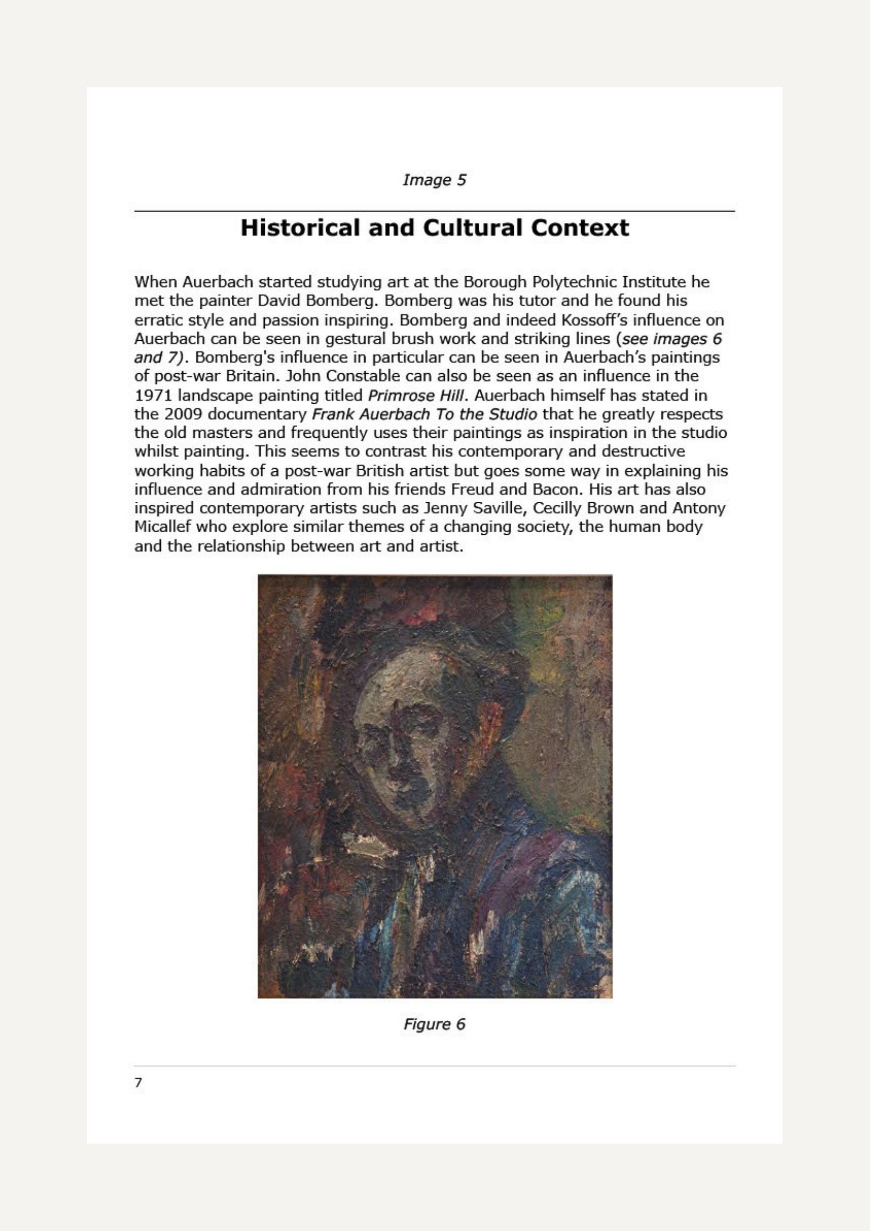 Page with text discussing the influence of various artists on Auerbach's work, and an abstract painting depicting a man's face with prominent brushstrokes and textured paint.