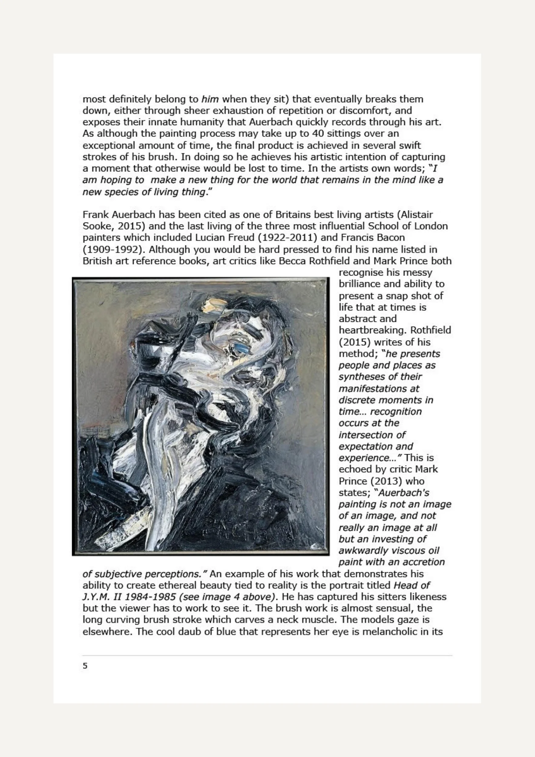 A page from a book or magazine containing an excerpt of text about artist Frank Auerbach and a reproduction of his abstract portrait painting. The text discusses his artistic process and influence, with the image showing an expressive, abstract portr