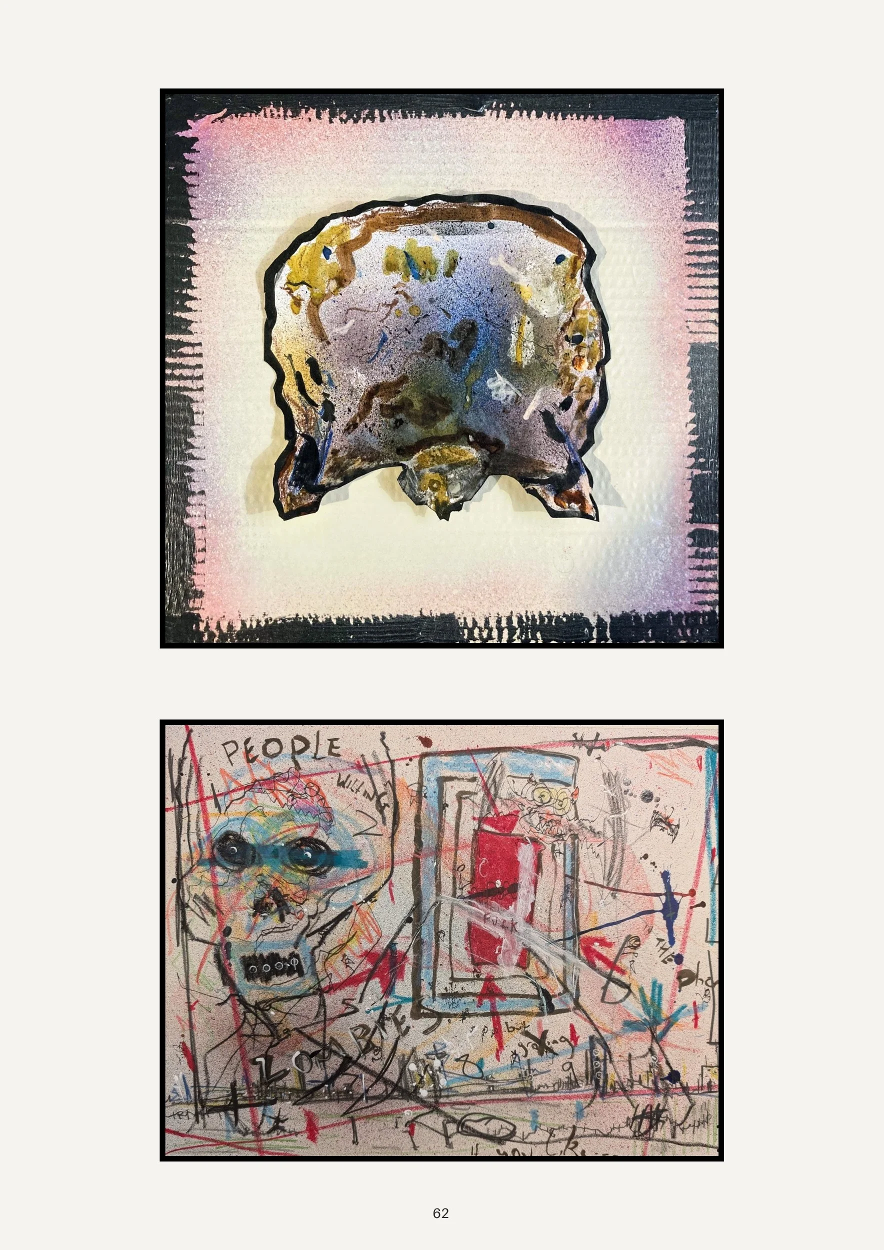 Abstract mixed media artwork featuring a pig's head with colorful splashes and black outline on a textured background