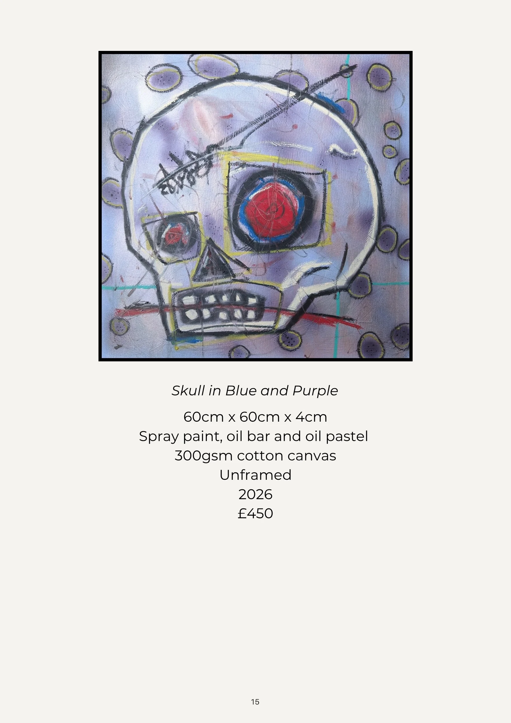 A painting titled 'Skull in Blue and Purple' features an abstract skull with a red center, purple and blue highlighting, and yellow and black accents. It is signed 'BEATON' and has a background with abstract circles and lines.