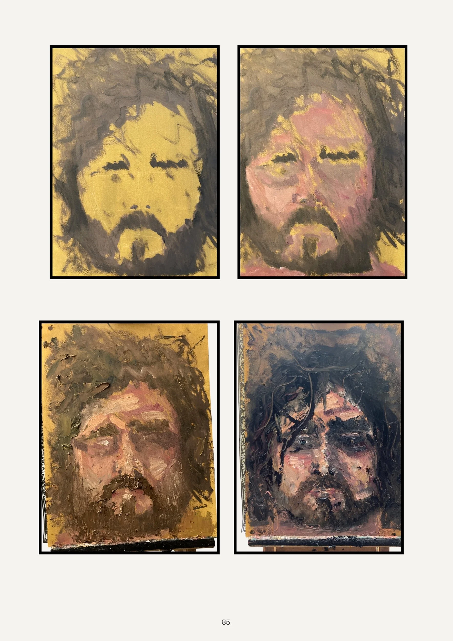 Four paintings of people’s faces, each created with expressive brushstrokes and a textured style. The top left features a bearded man with dark curly hair on a yellow background. The top right shows a smiling man with glasses, dark hair, and a beard.