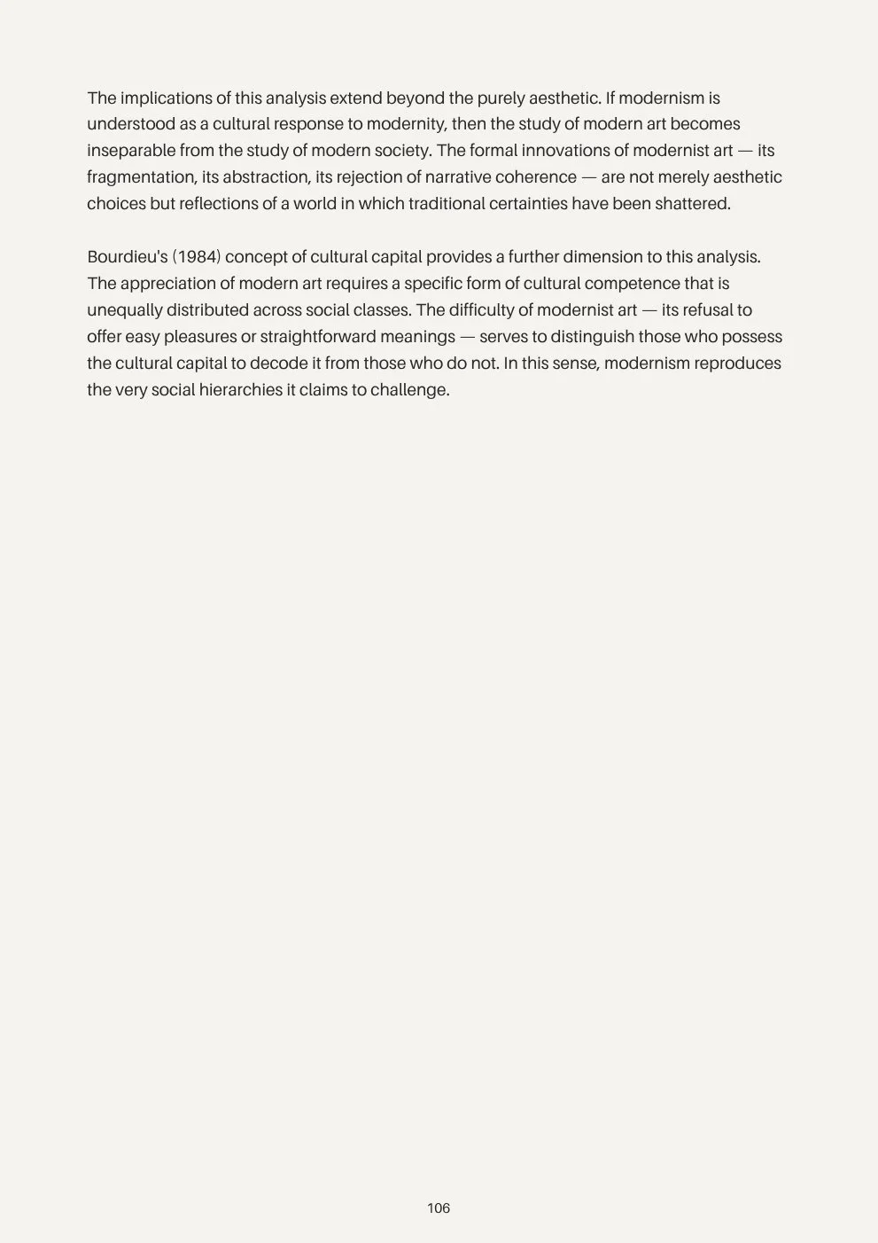 Page of text discussing modern art, cultural capital, and social hierarchies, quoting Bourdieu (1984).