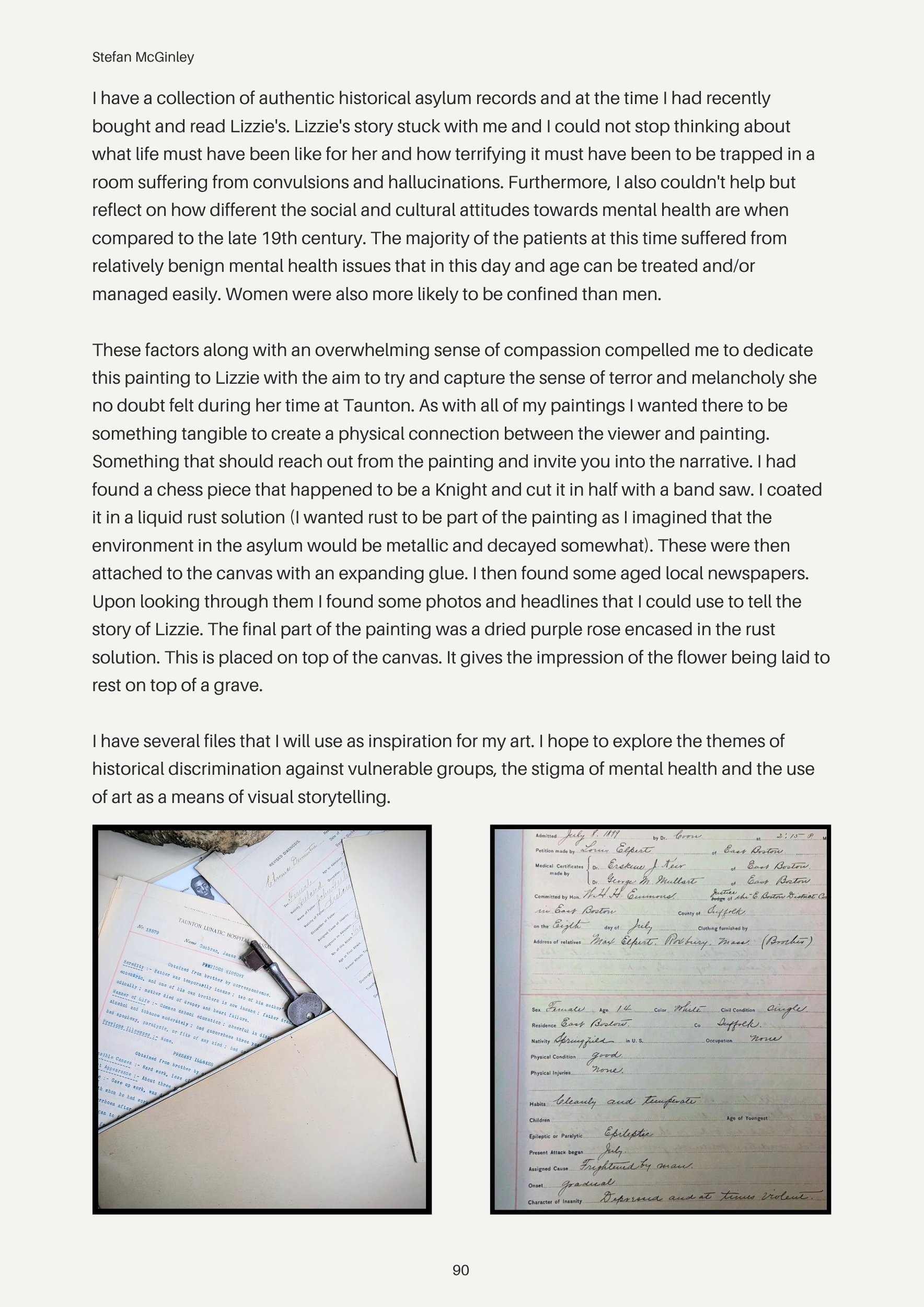 Photograph of handwritten asylum records and documents, some with official stamps and signatures, laid out on a flat surface.