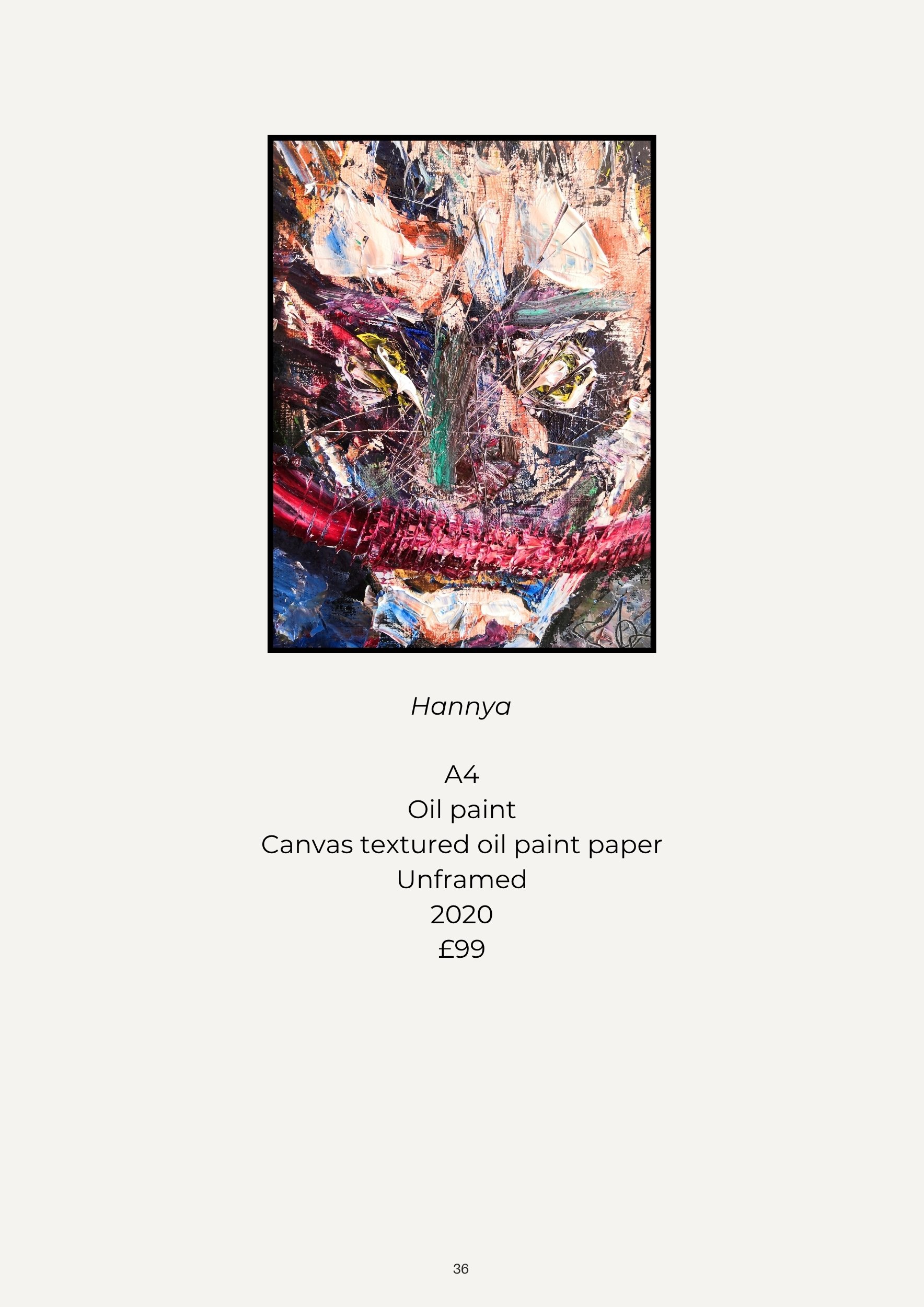 Abstract oil painting with thick and textured brushstrokes in various colors, primarily pinks, blues, and darks, titled 'Hannya'.