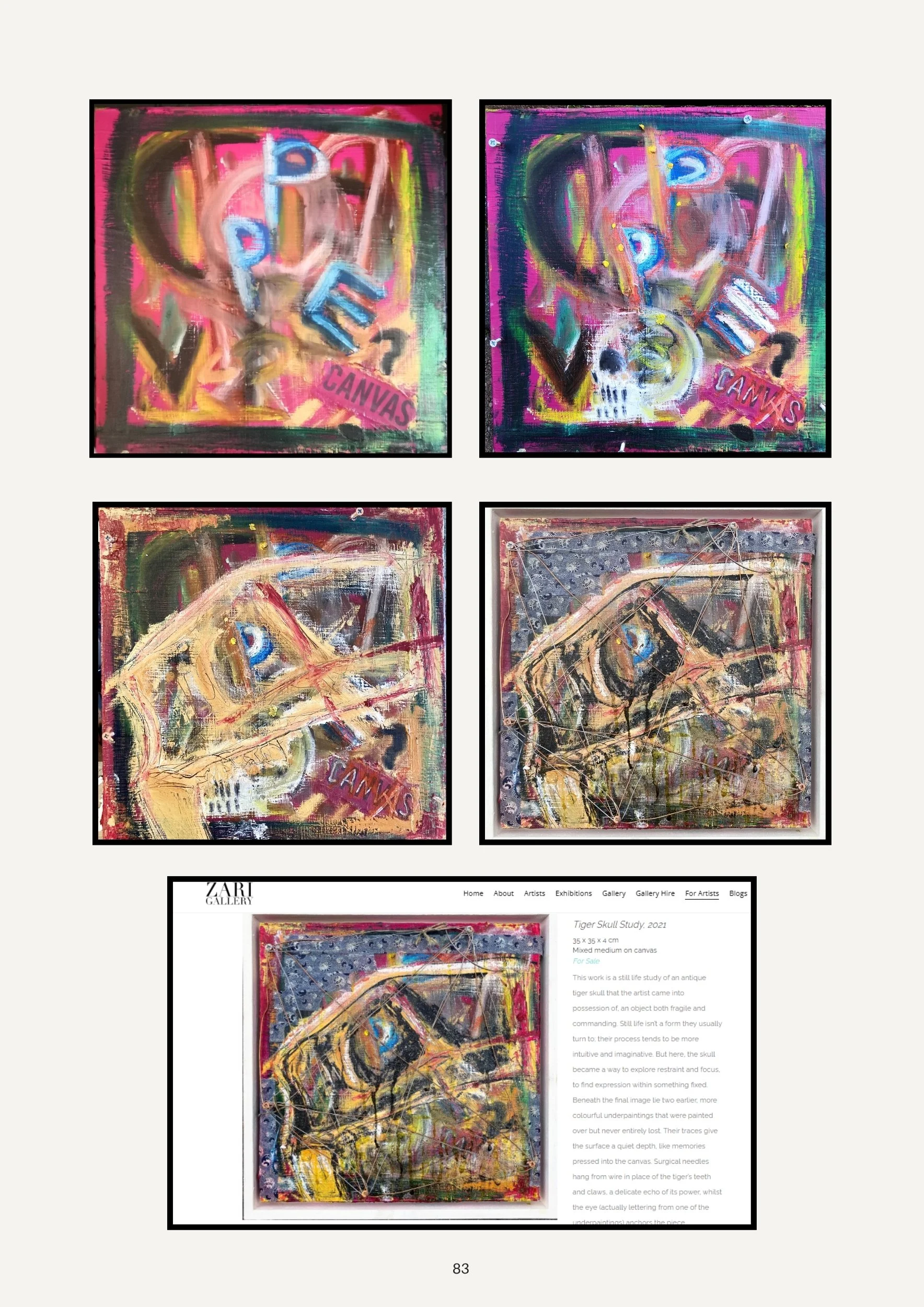 A collage of four mixed media abstract paintings. The paintings feature vibrant colors, bold brushstrokes, and elements resembling skulls and text. The third image shows a gallery webpage description for the artwork titled 'Tiger Skull Study, 2021', 