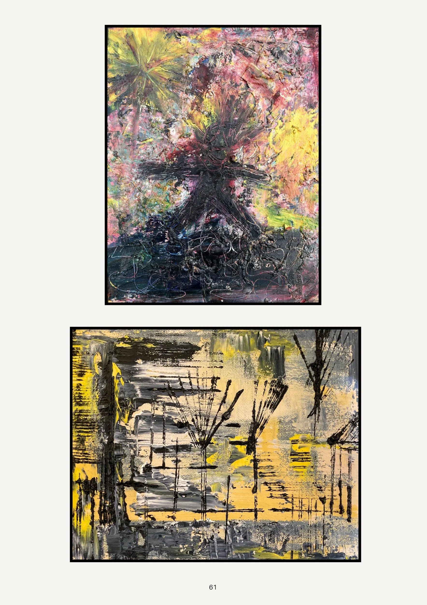 Two abstract landscape paintings, one with vibrant pink, yellow, and green hues, and the other with muted yellow, gray, and black tones, featuring trees and reflections in water.