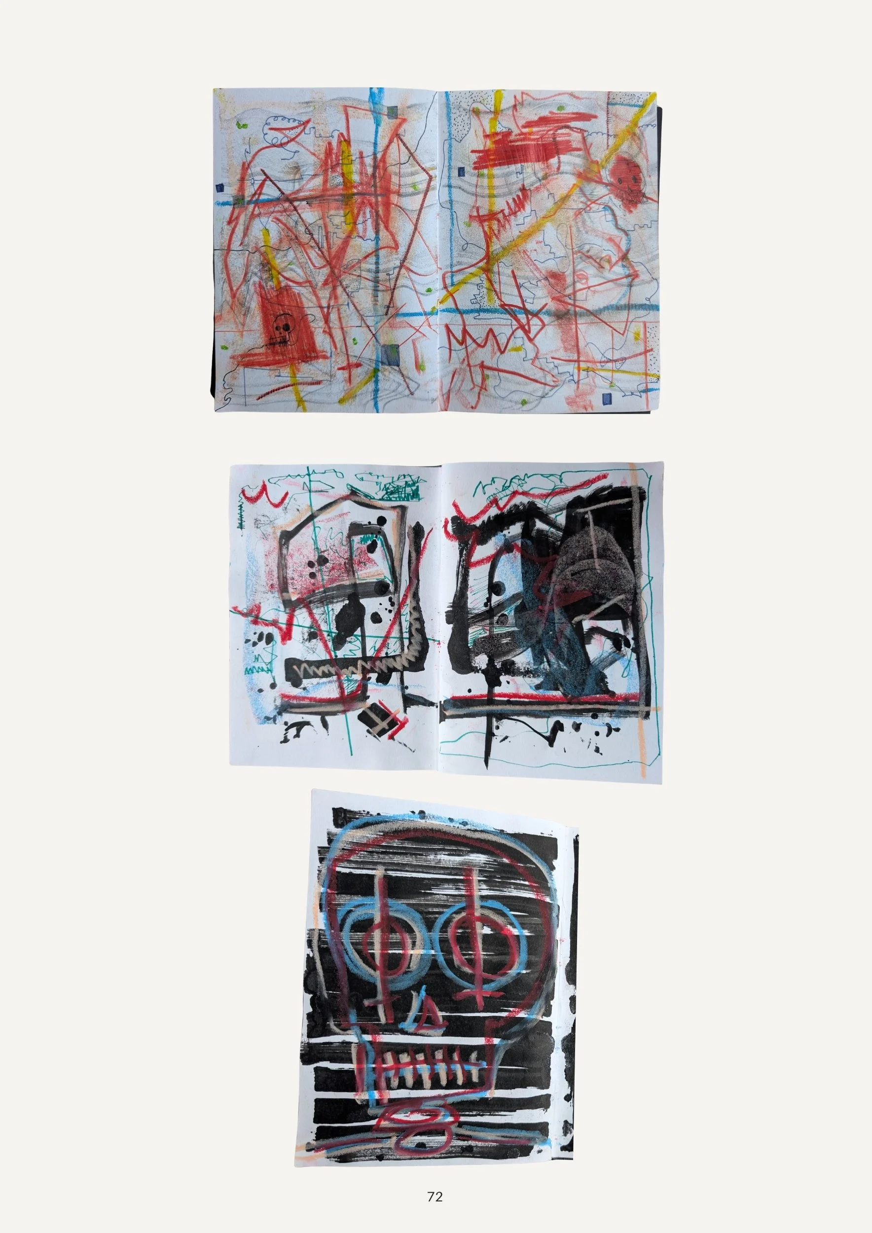 Three pages of colorful, abstract, and chaotic children's drawings with various shapes, lines, and colors, featuring red, black, blue, and other hues on white paper.