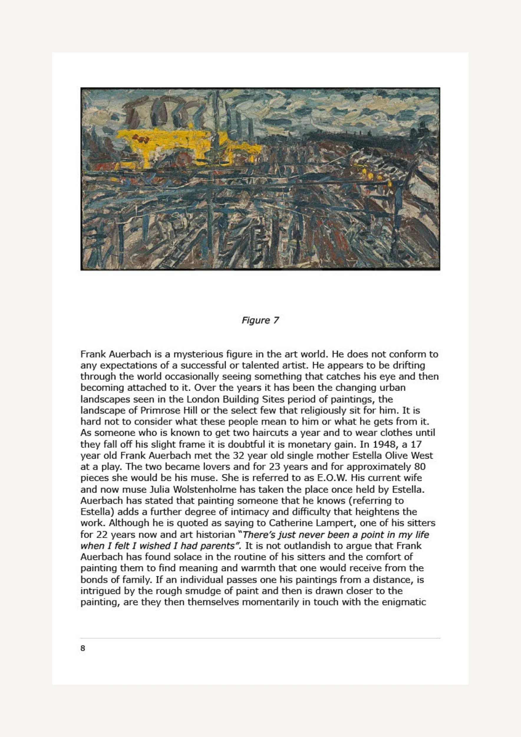 A colorful, impressionistic painting of a landscape with industrial elements, including yellow machinery, structures, and tracks, under a cloudy sky.