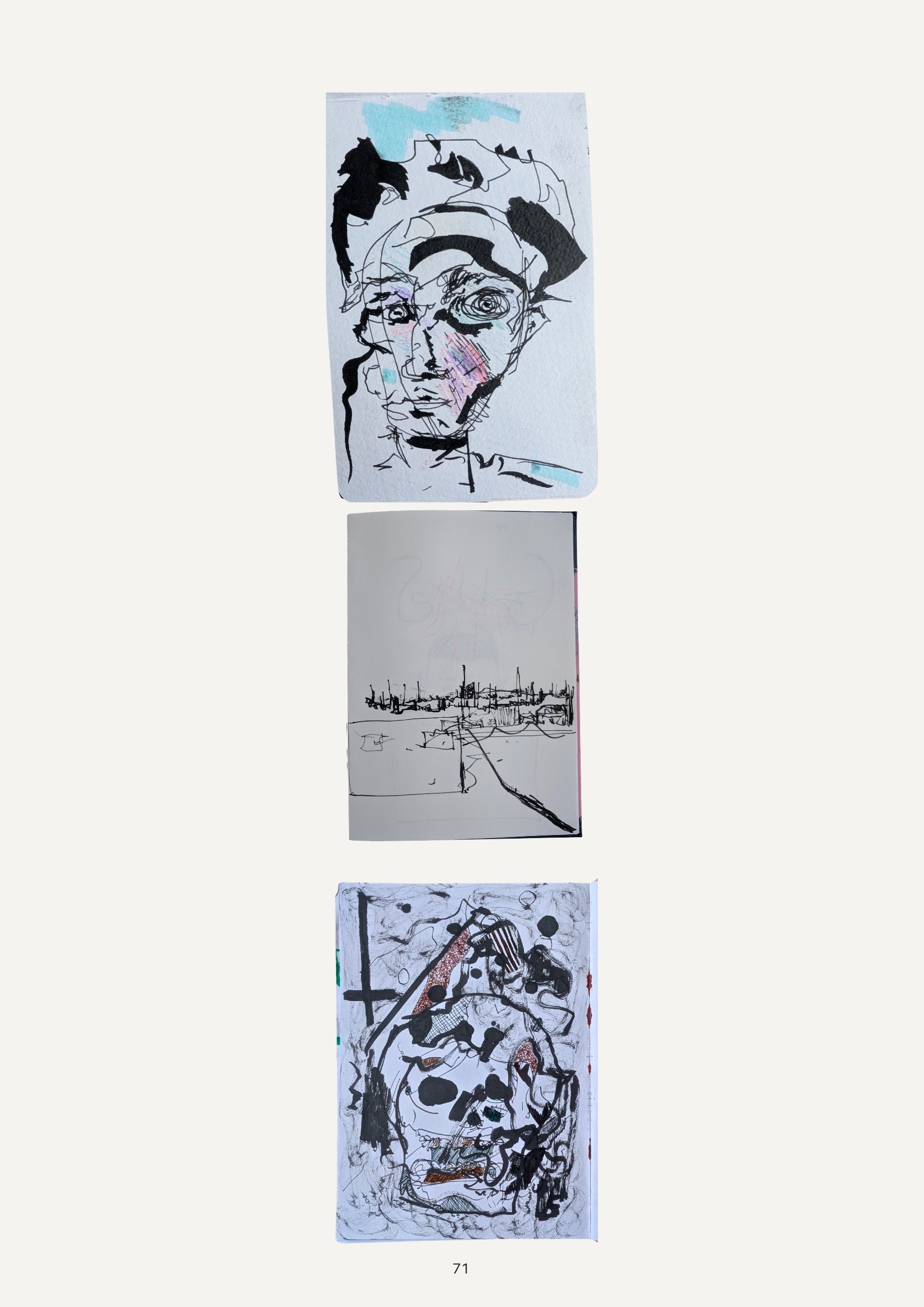 A series of four artistic, abstract line drawings. The first features a human face with hair, colored with light pastel shades. The second depicts a simple cityscape with buildings and a bridge. The third showcases an abstract, detailed skull surroun