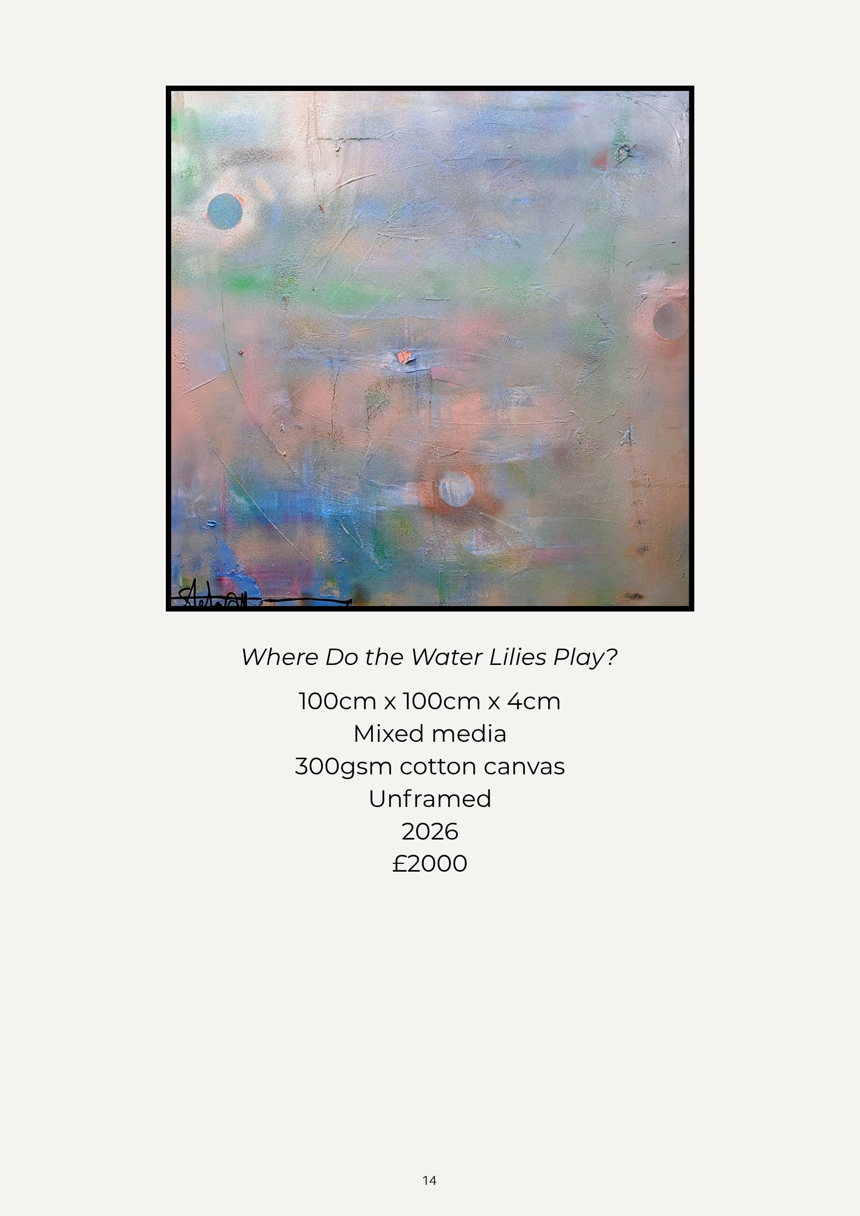Abstract pastel-colored painting with circular shapes and textured surface, titled 'Where Do the Water Lilies Play?'