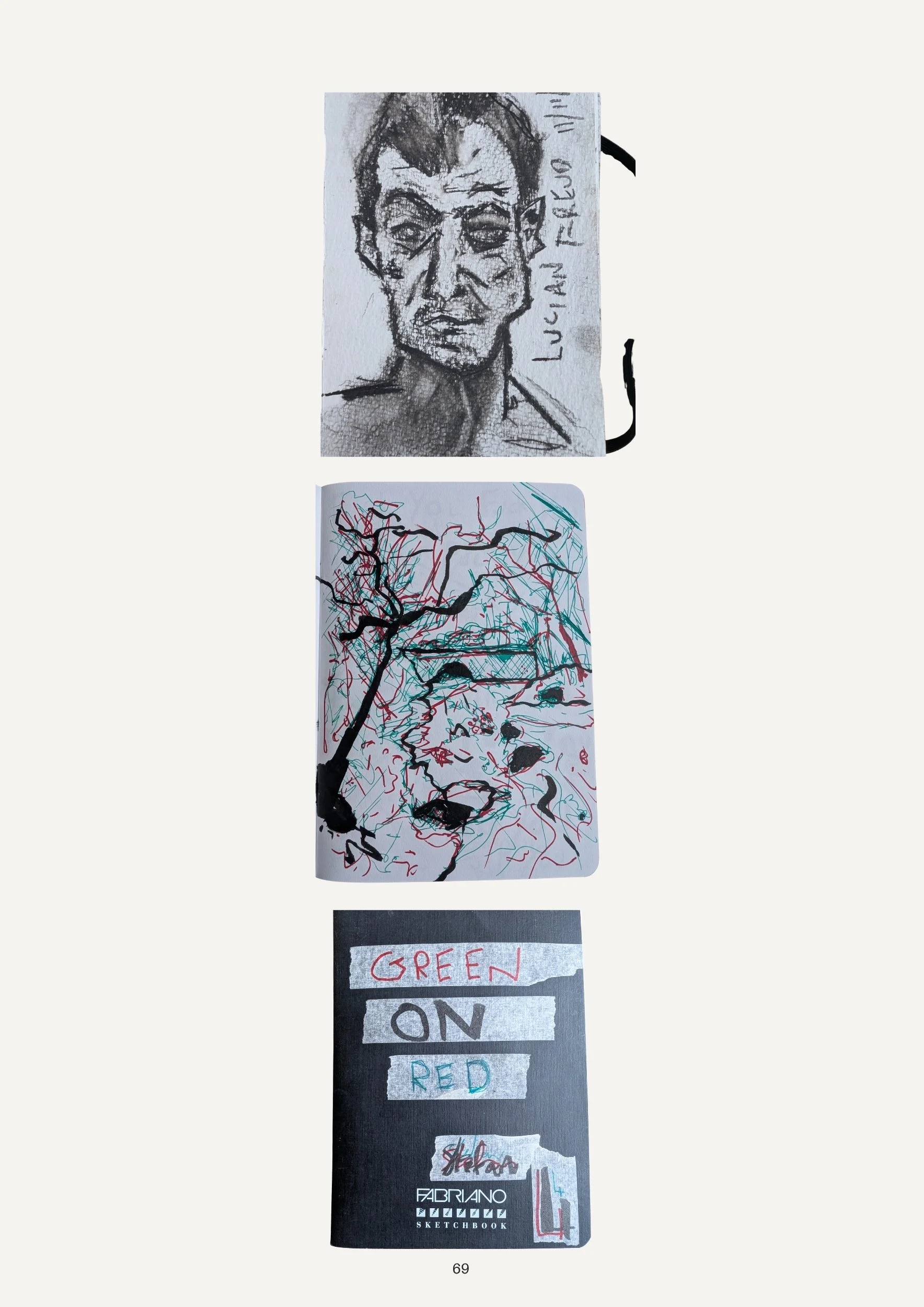 A series of artwork and handwritten notes, including a sketch of a person's face with the words 'LUCIAN FERRER' beside it, an abstract drawing with black, teal, red, and black lines, and a black and white text-based artwork stating 'GREEN ON RED' wit