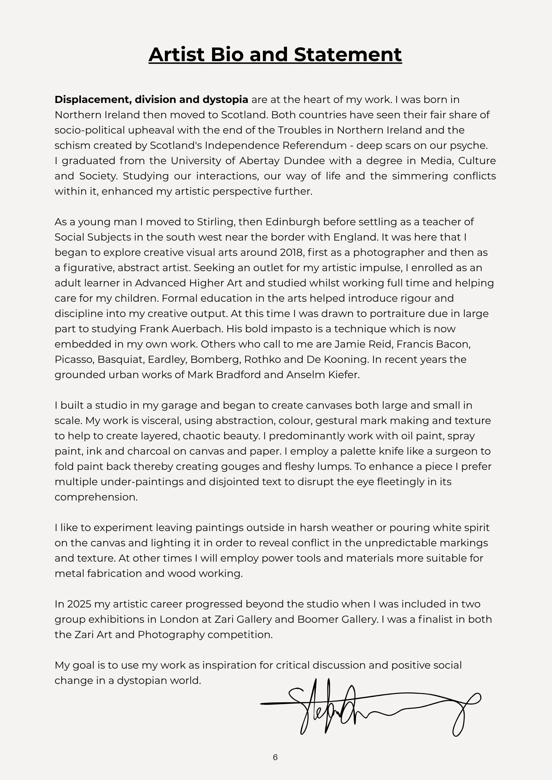 Artist bio and statement page with text, signature at bottom, and page number 6.