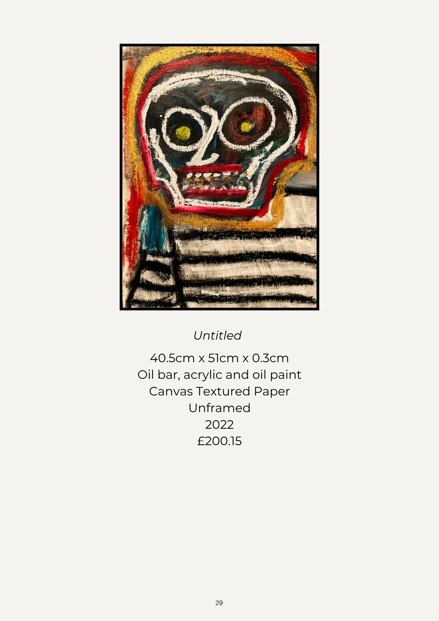 Abstract painting of a skull with colorful outlines and black and white striped clothing, created with oil paint on canvas textured paper.