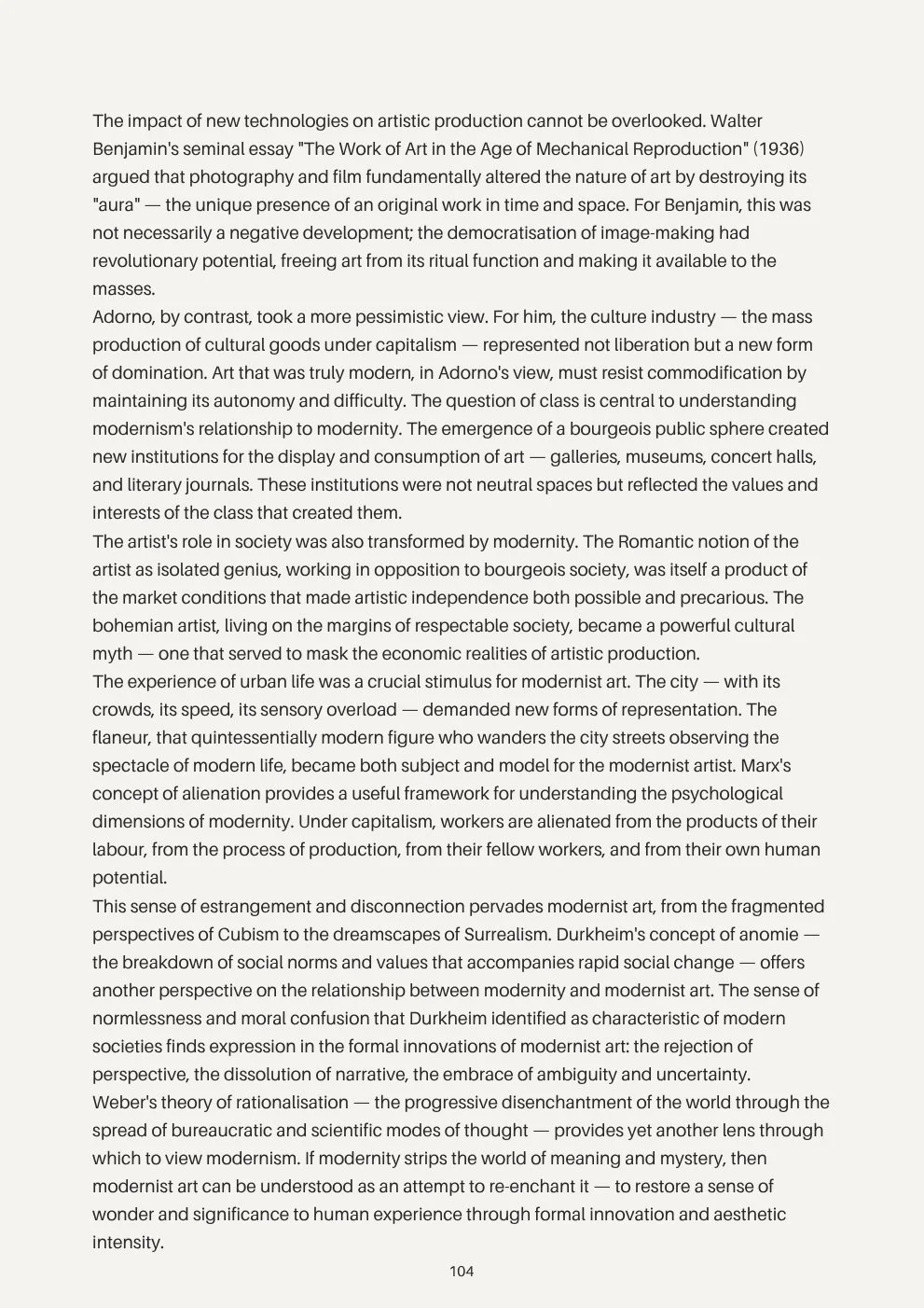 Page of a typed essay discussing the impact of technology on art, referencing Walter Benjamin, and exploring themes of modernism, cultural production, and social change.