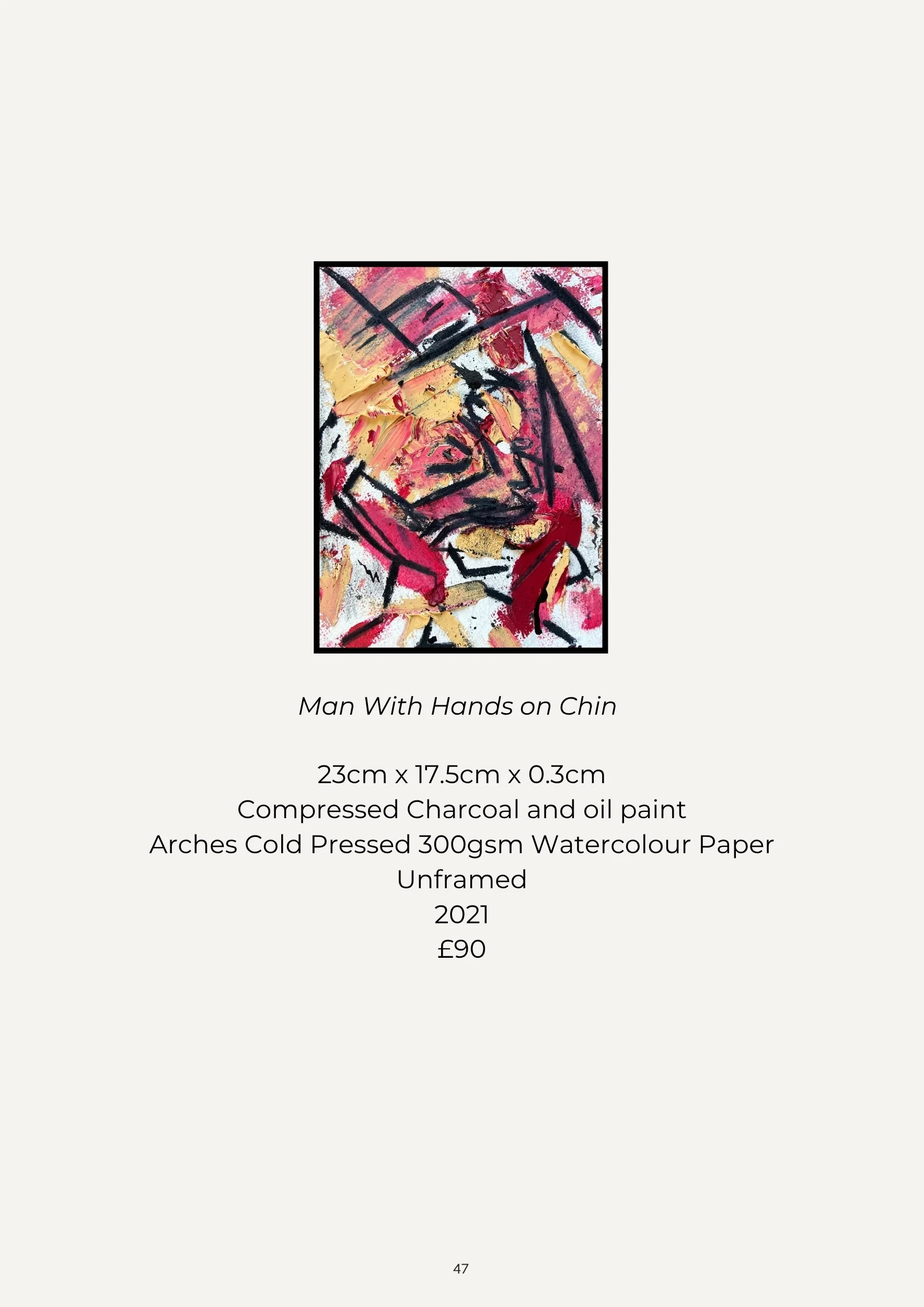 Abstract painting titled 'Man With Hands on Chin' featuring bold black lines, red, yellow, white, and pink brushstrokes, on watercolor paper.