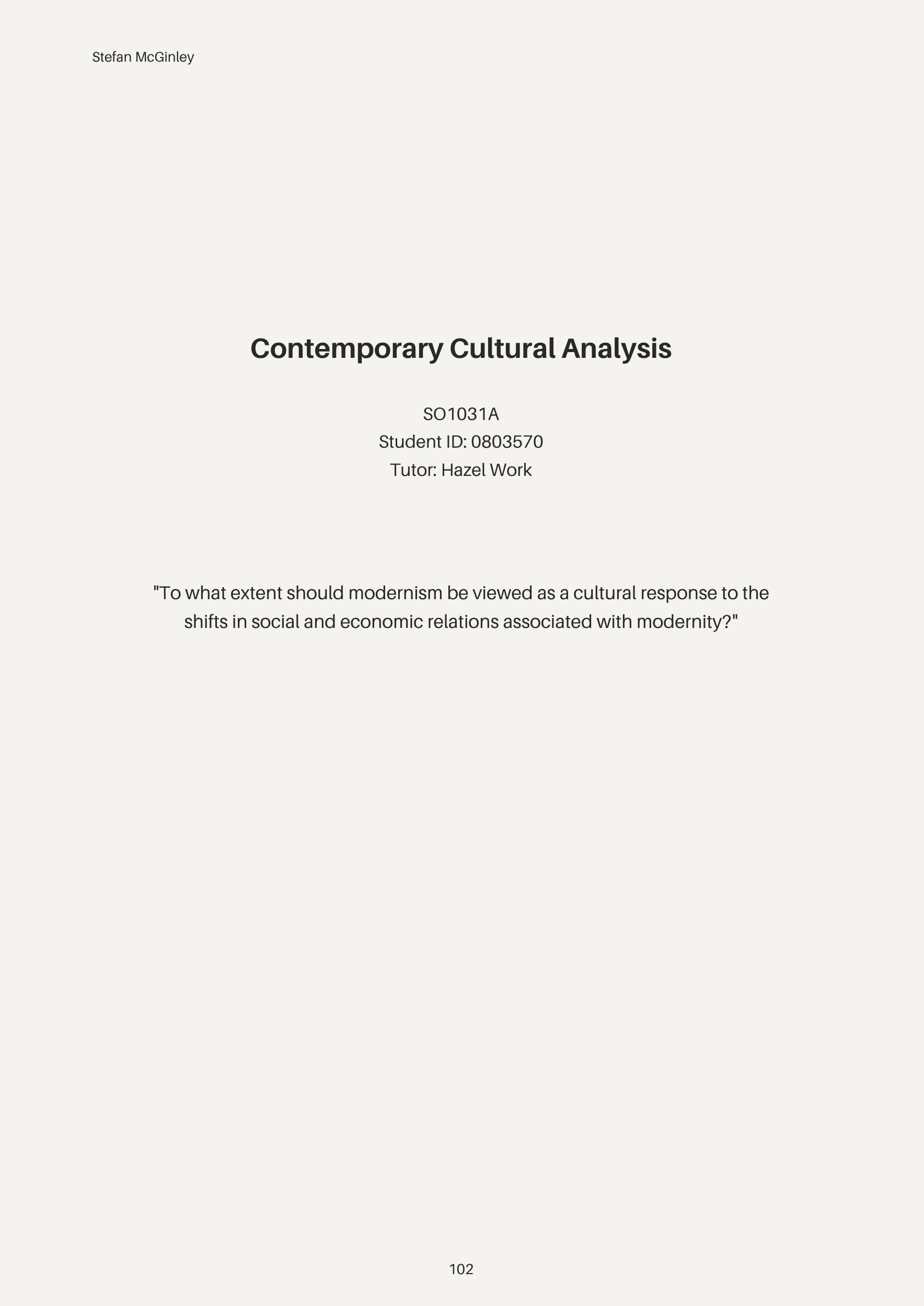 Cover page of a student paper titled 'Contemporary Cultural Analysis' by Stefan McGinley, with student ID 0803570 and tutor Hazel Work.