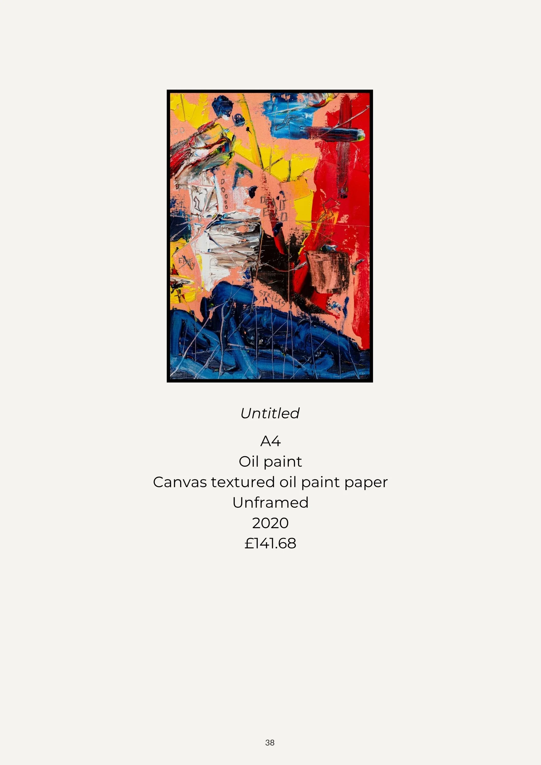 Abstract colorful painting with splashes of yellow, red, blue, white, and black paint on canvas.