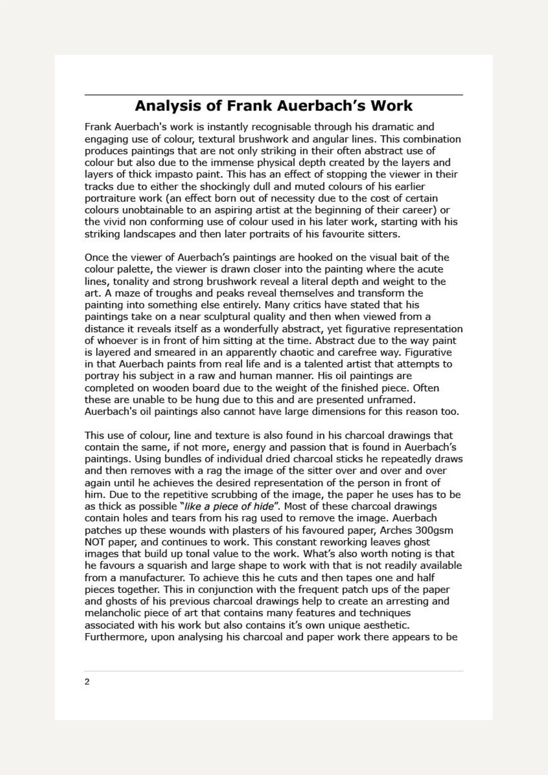 Page showing an analysis of Frank Auerbach's work, discussing his technique, use of color, texture, depth, and artistic style.